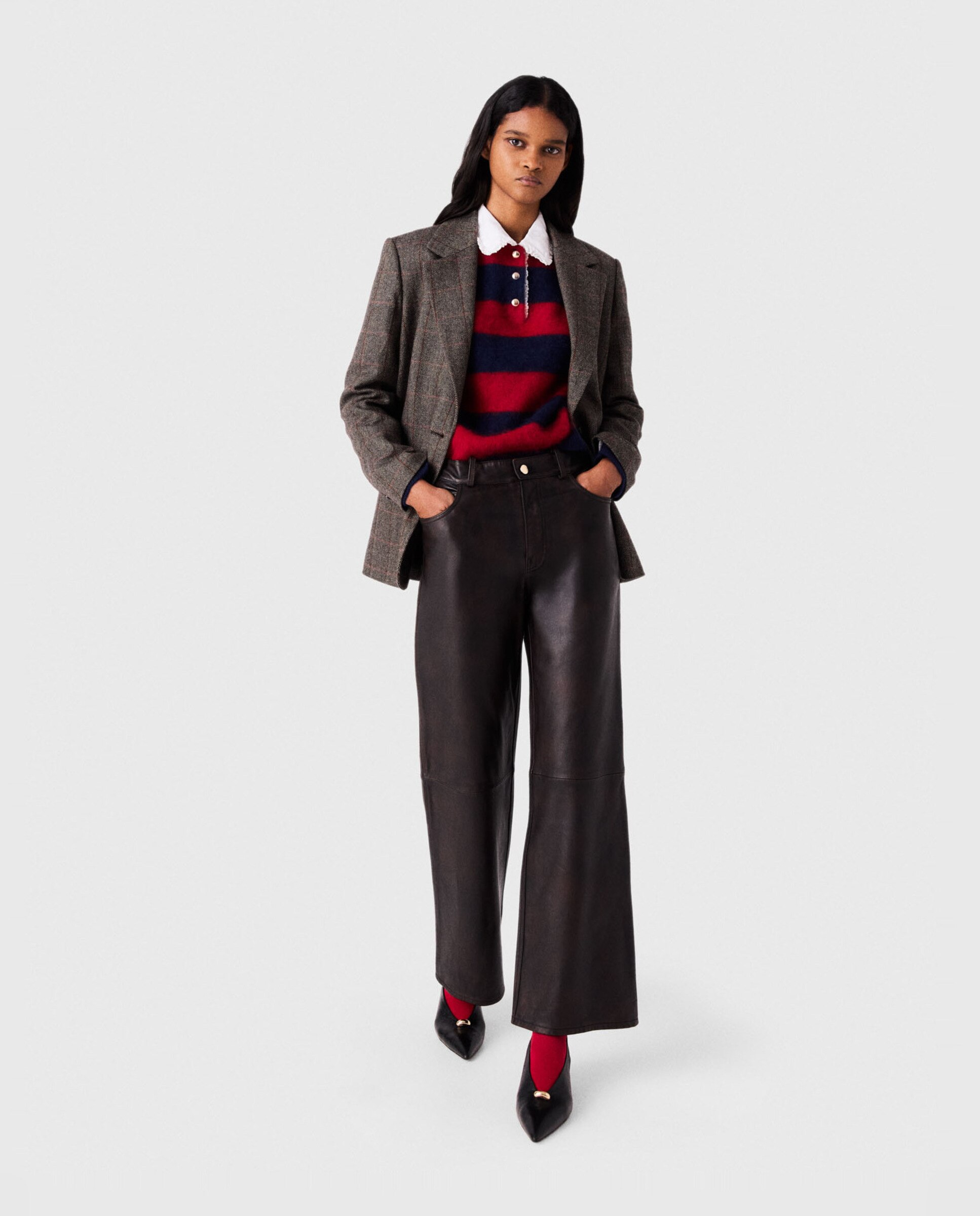 Pantalones de mujer rectos de piel - Maje - Marrón oscuro Marrón oscuro-6
