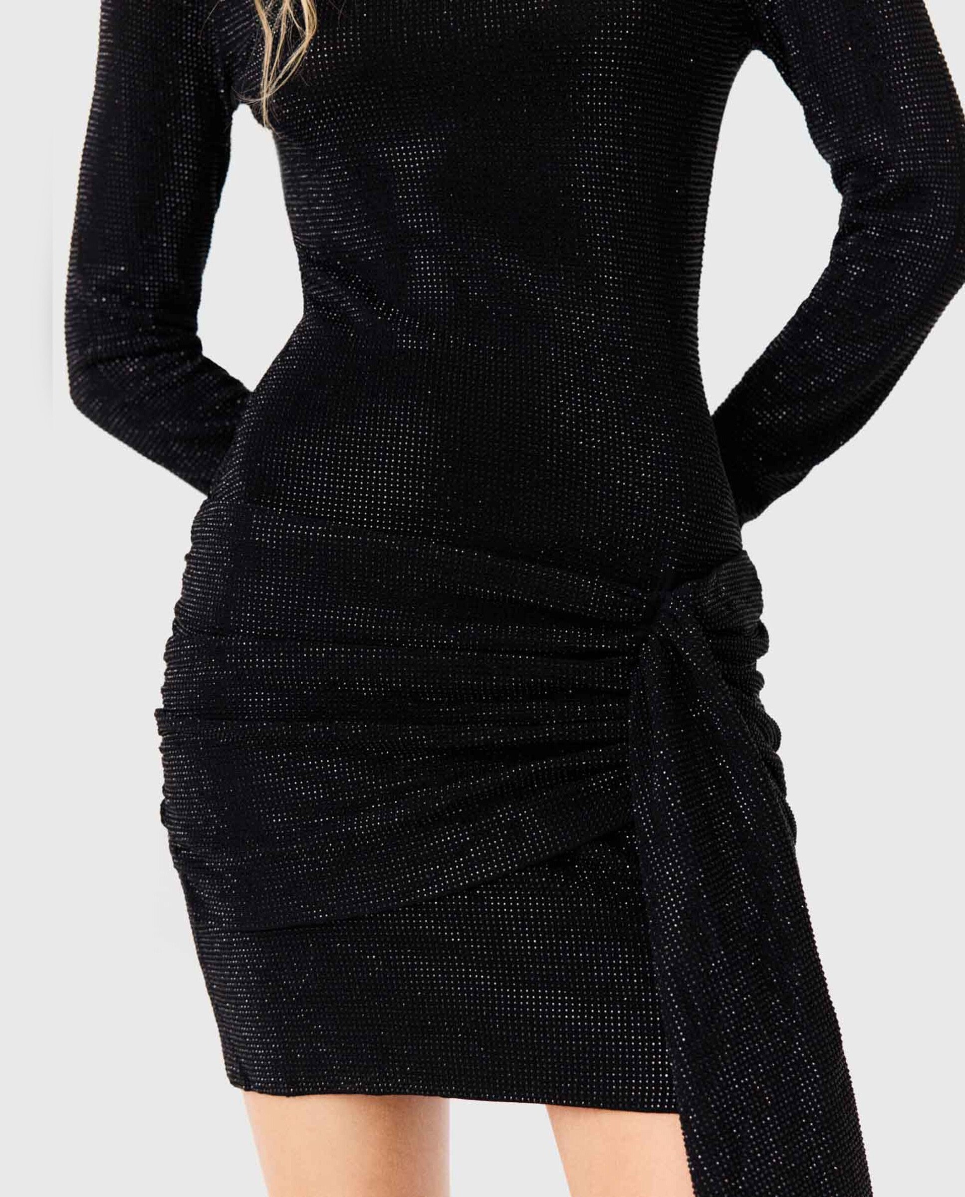 Vestido corto ajustado con cuello alto, strass y lazo - Maje - Negro Negro-8