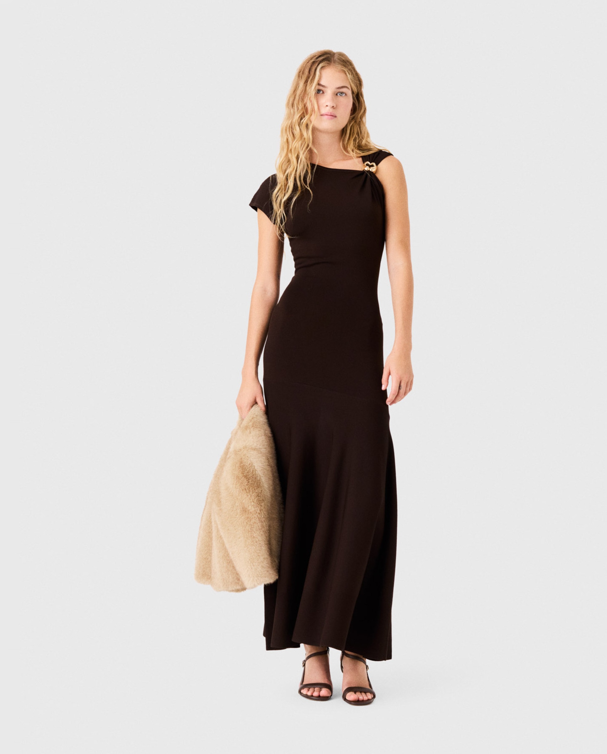 Vestido midi asimétrico drapeado - Maje - Marrón oscuro Marrón oscuro-1