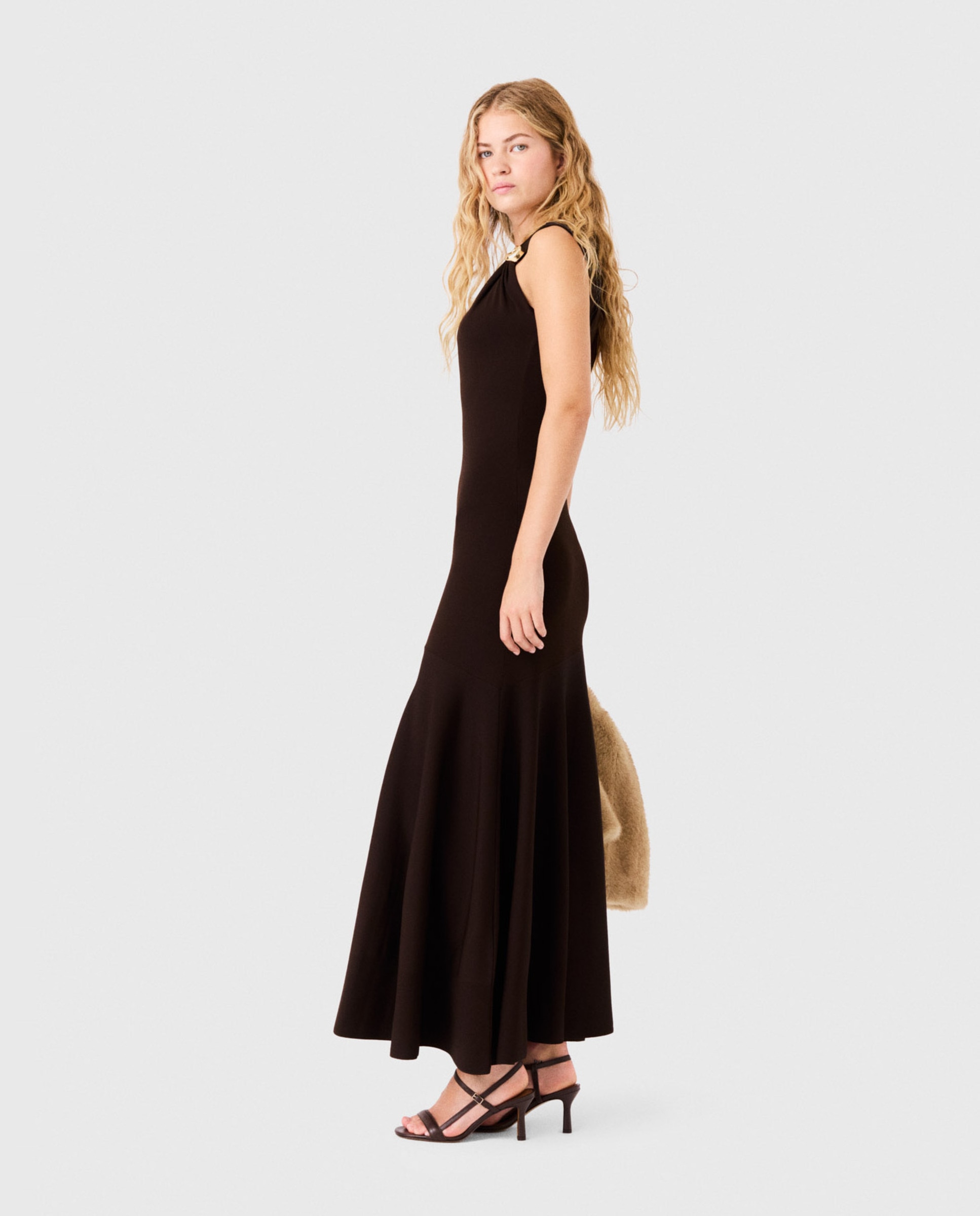 Vestido midi asimétrico drapeado - Maje - Marrón oscuro Marrón oscuro-2
