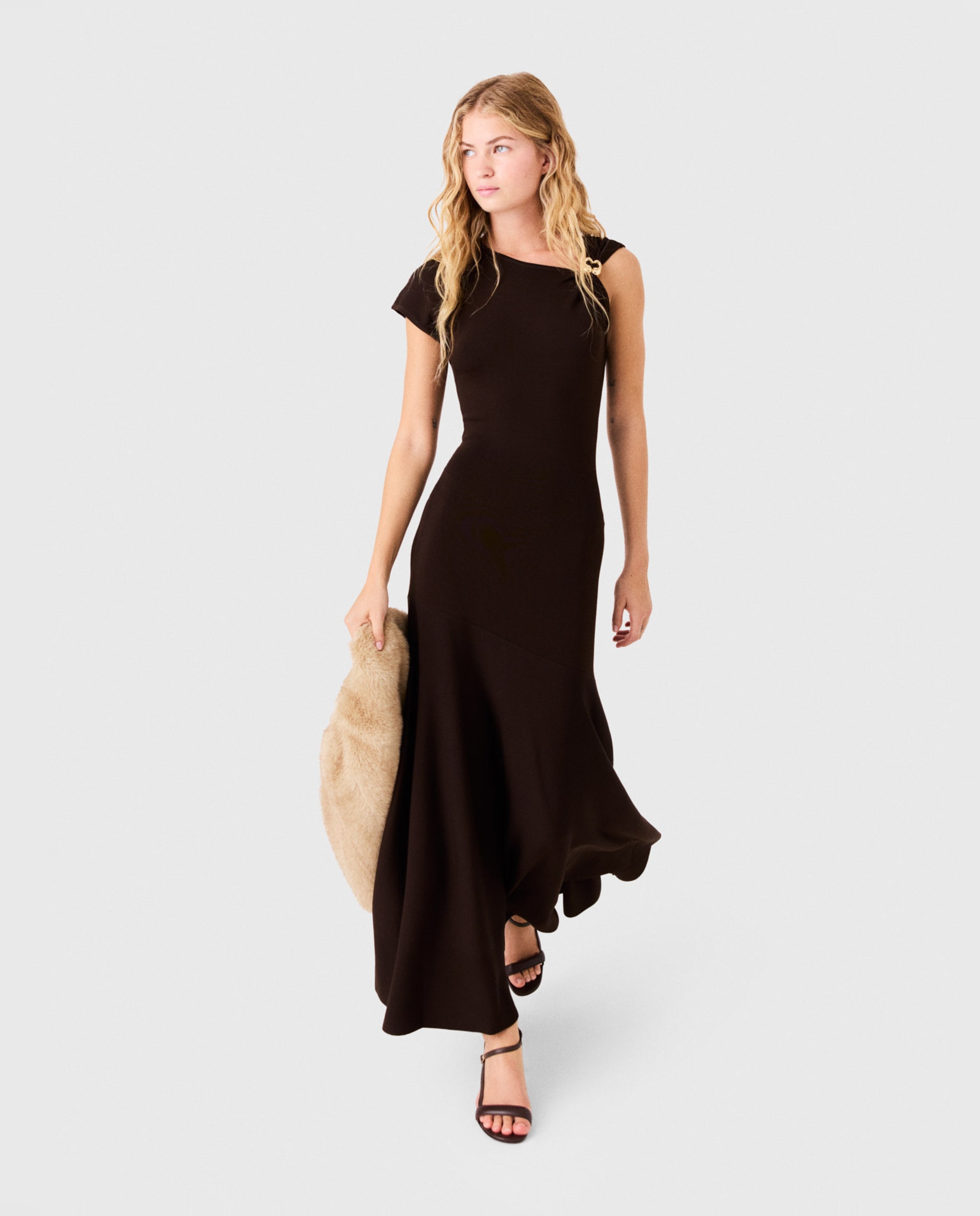 Vestido midi asimétrico drapeado - Maje - Marrón oscuro Marrón oscuro-6