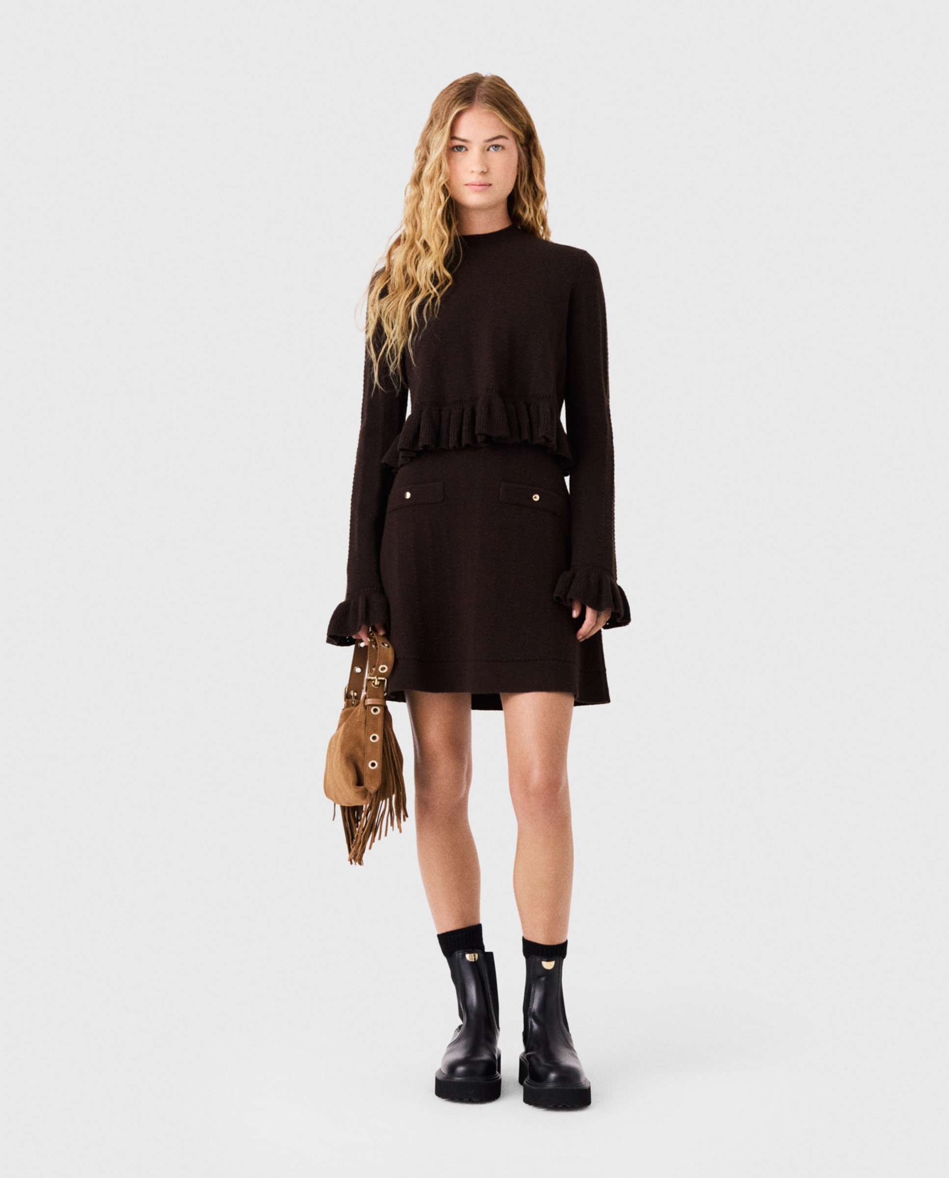 Conjunto de vestido de punto y jersey desmontable con volantes - Maje - Marrón oscuro Marrón oscuro-1