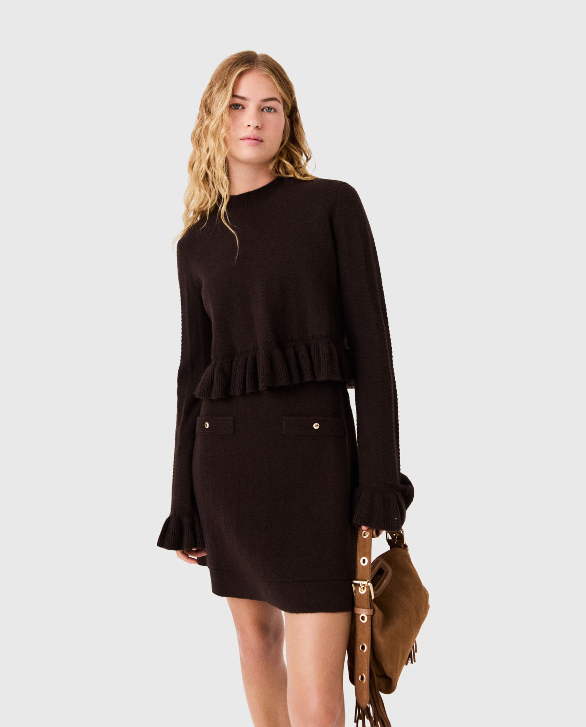 Conjunto de vestido de punto y jersey desmontable con volantes - Maje - Marrón oscuro Marrón oscuro-2