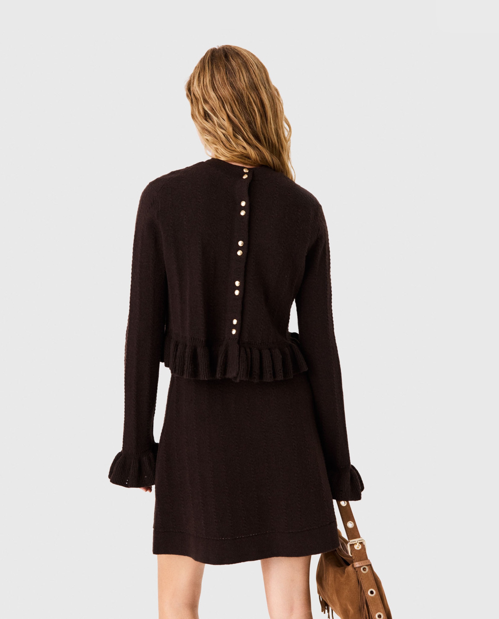 Conjunto de vestido de punto y jersey desmontable con volantes - Maje - Marrón oscuro Marrón oscuro-3
