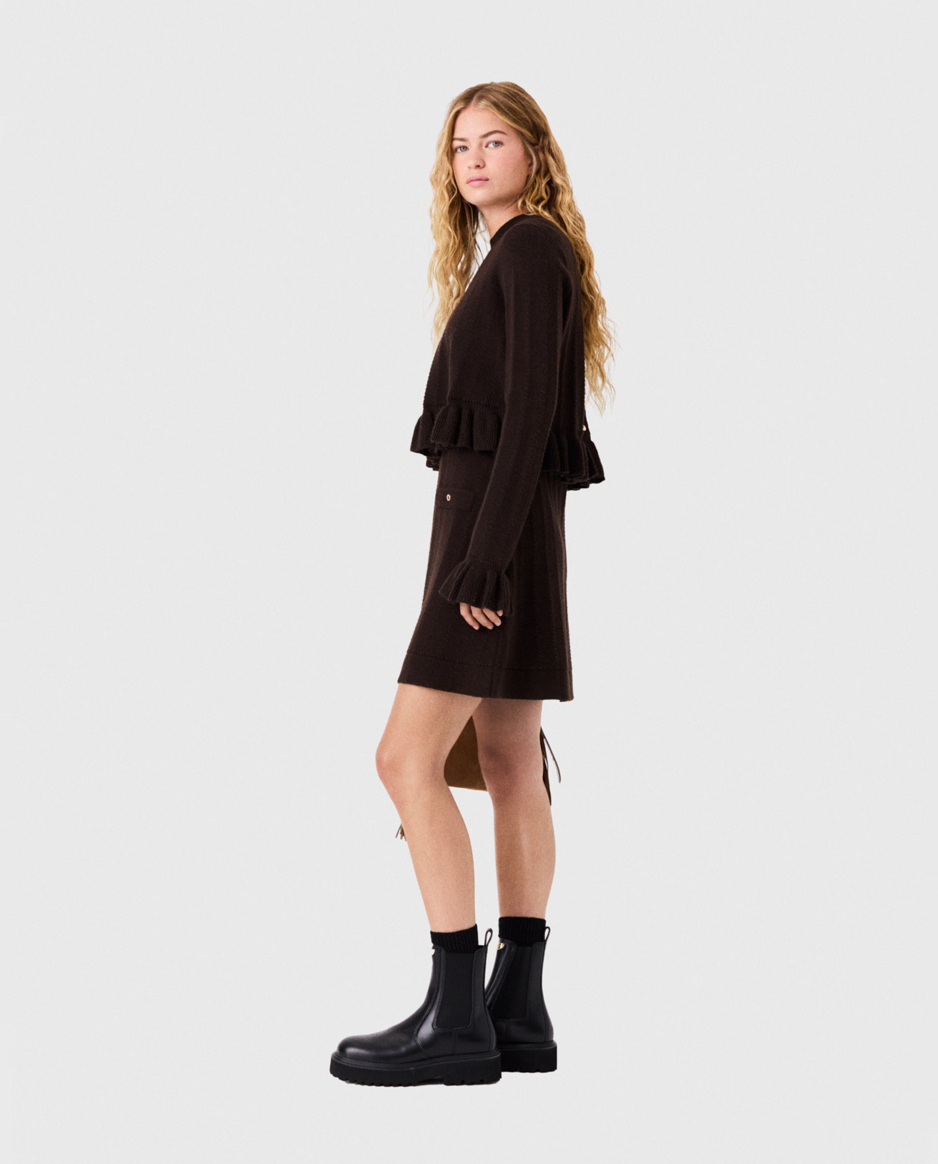 Conjunto de vestido de punto y jersey desmontable con volantes - Maje - Marrón oscuro Marrón oscuro-8