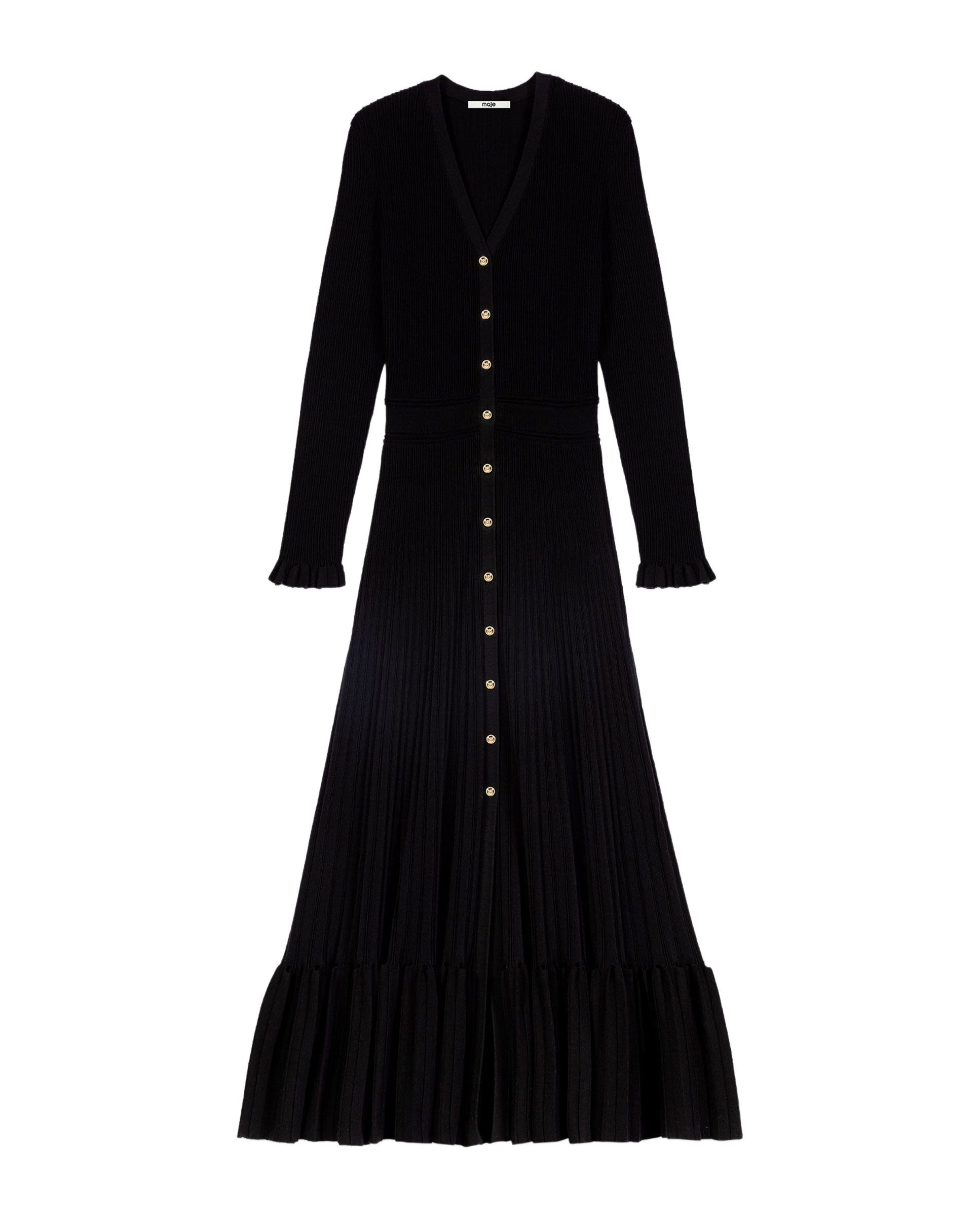 Vestido largo ajustado de punto acanalado con volantes, escote en v y con lana - Maje - Negro Negro-9