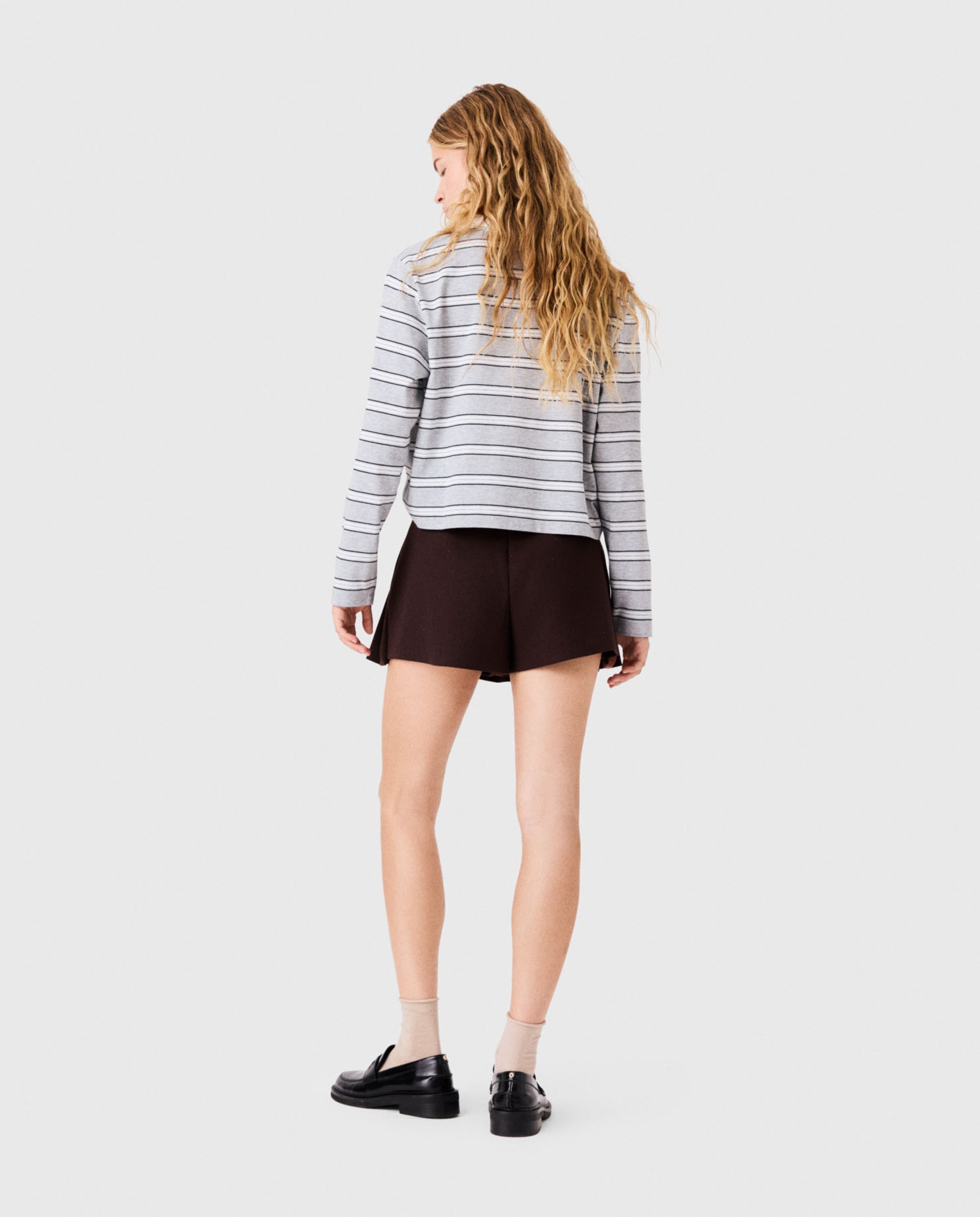 Polo de mujer a rayas con encaje y bordado - Maje - Gris claro Gris claro-2