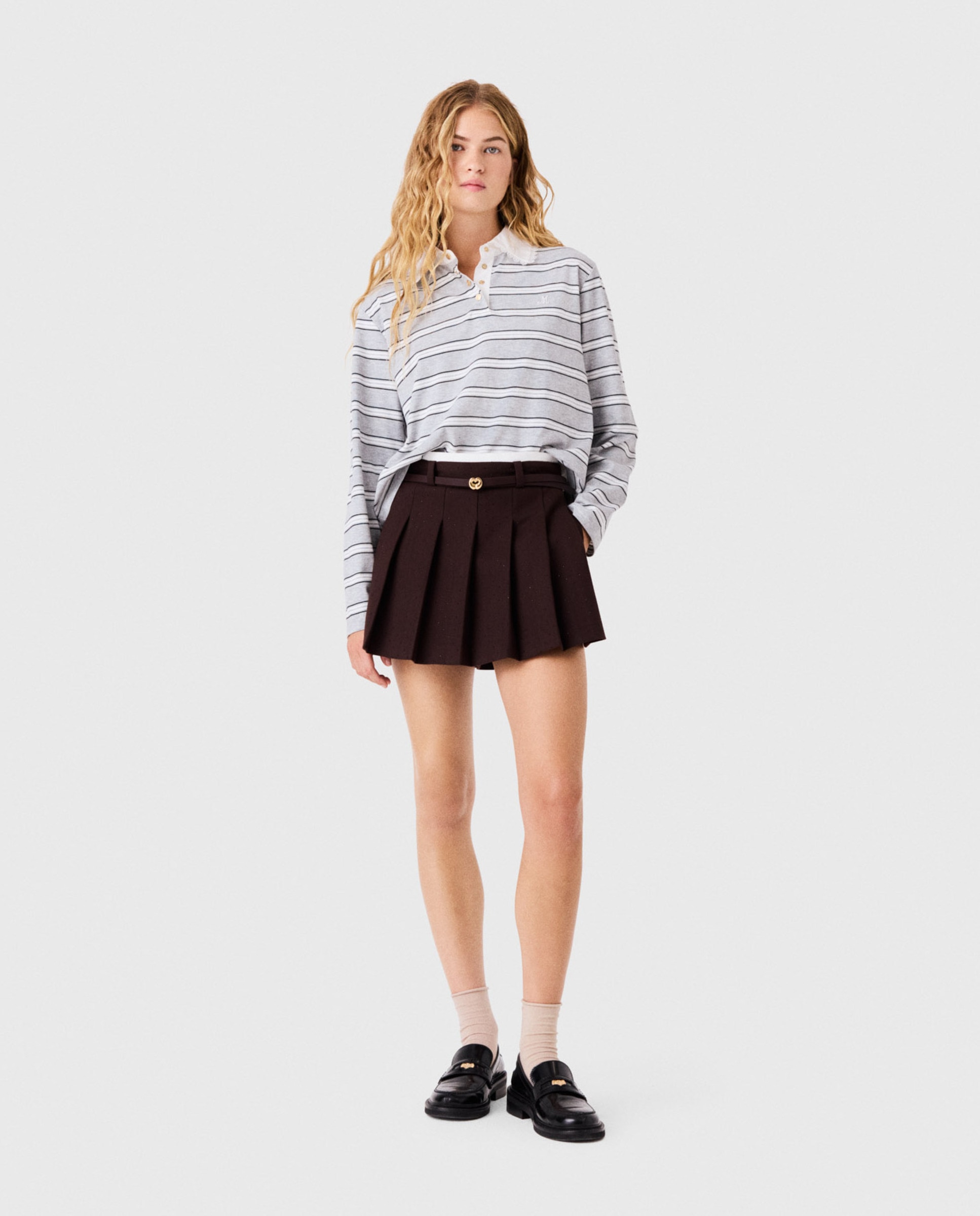 Polo de mujer a rayas con encaje y bordado - Maje - Gris claro Gris claro-4
