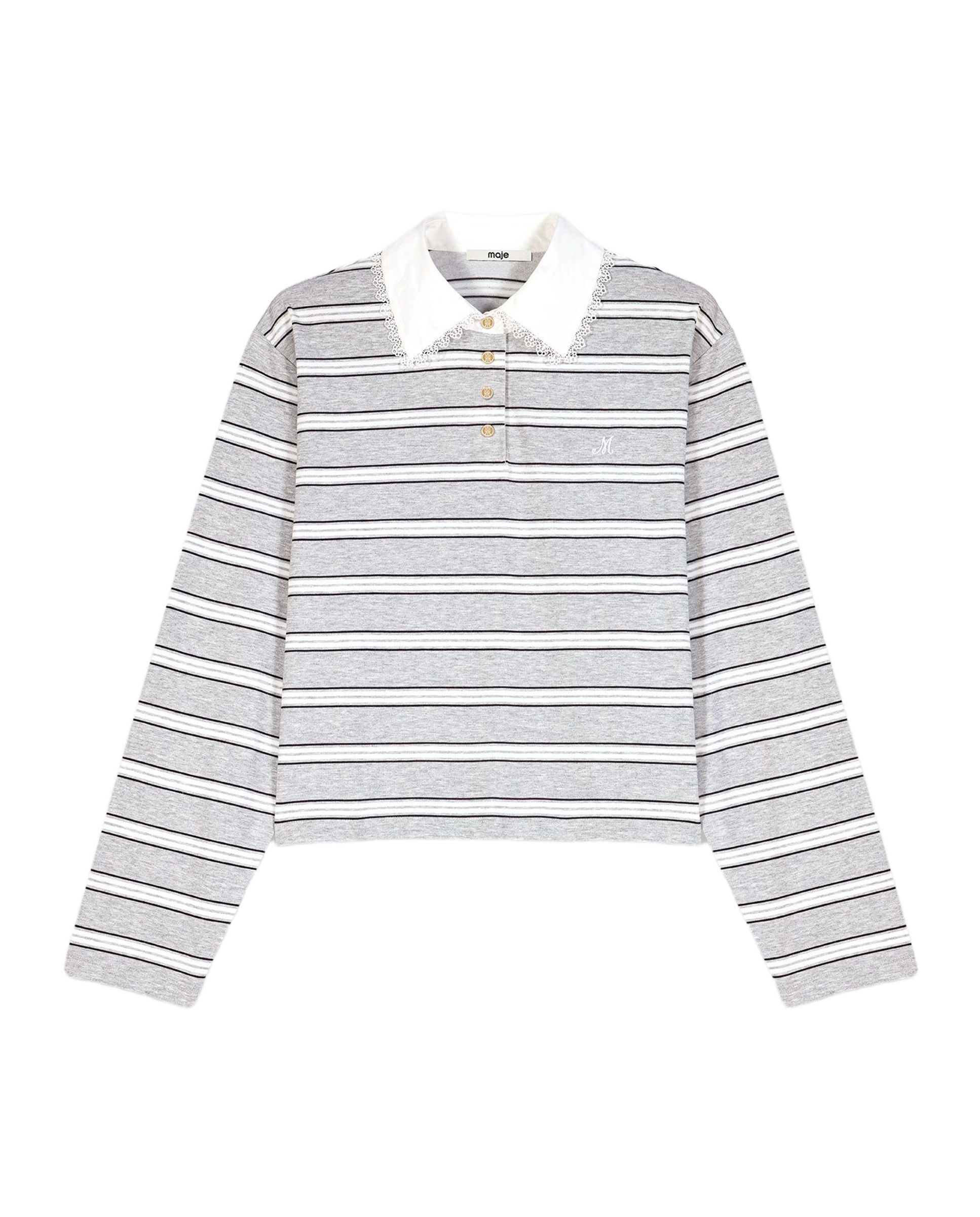 Polo de mujer a rayas con encaje y bordado - Maje - Gris claro Gris claro-8