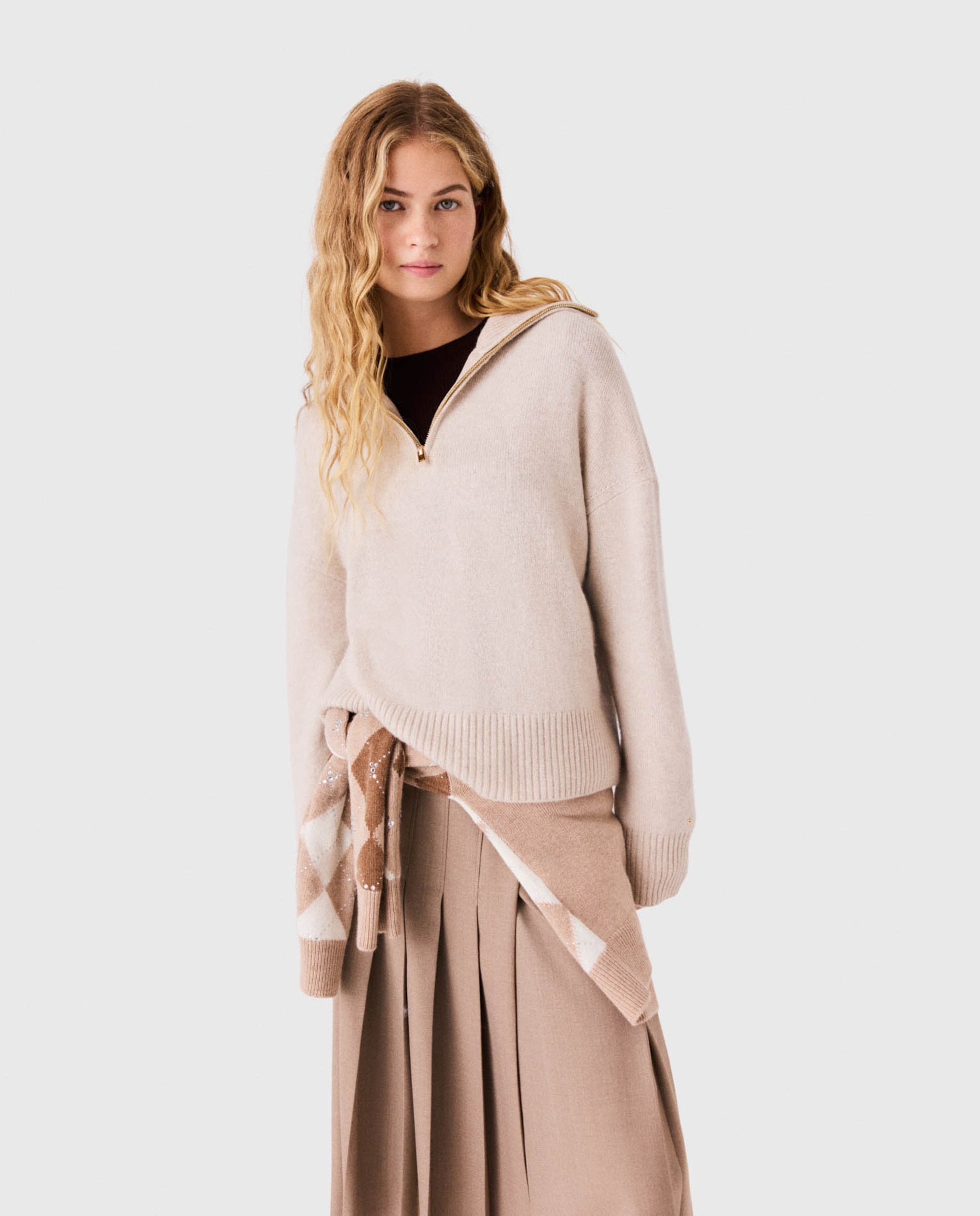 Jersey de mujer de cachemira con cremallera - Maje - Beige Beige-1