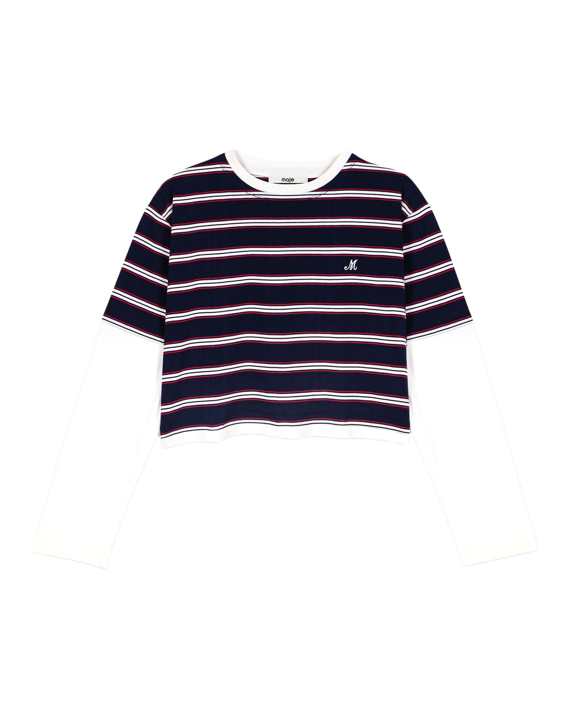 Camiseta de mujer corta de rayas efecto dos piezas - Maje - Azul marino Azul marino-7