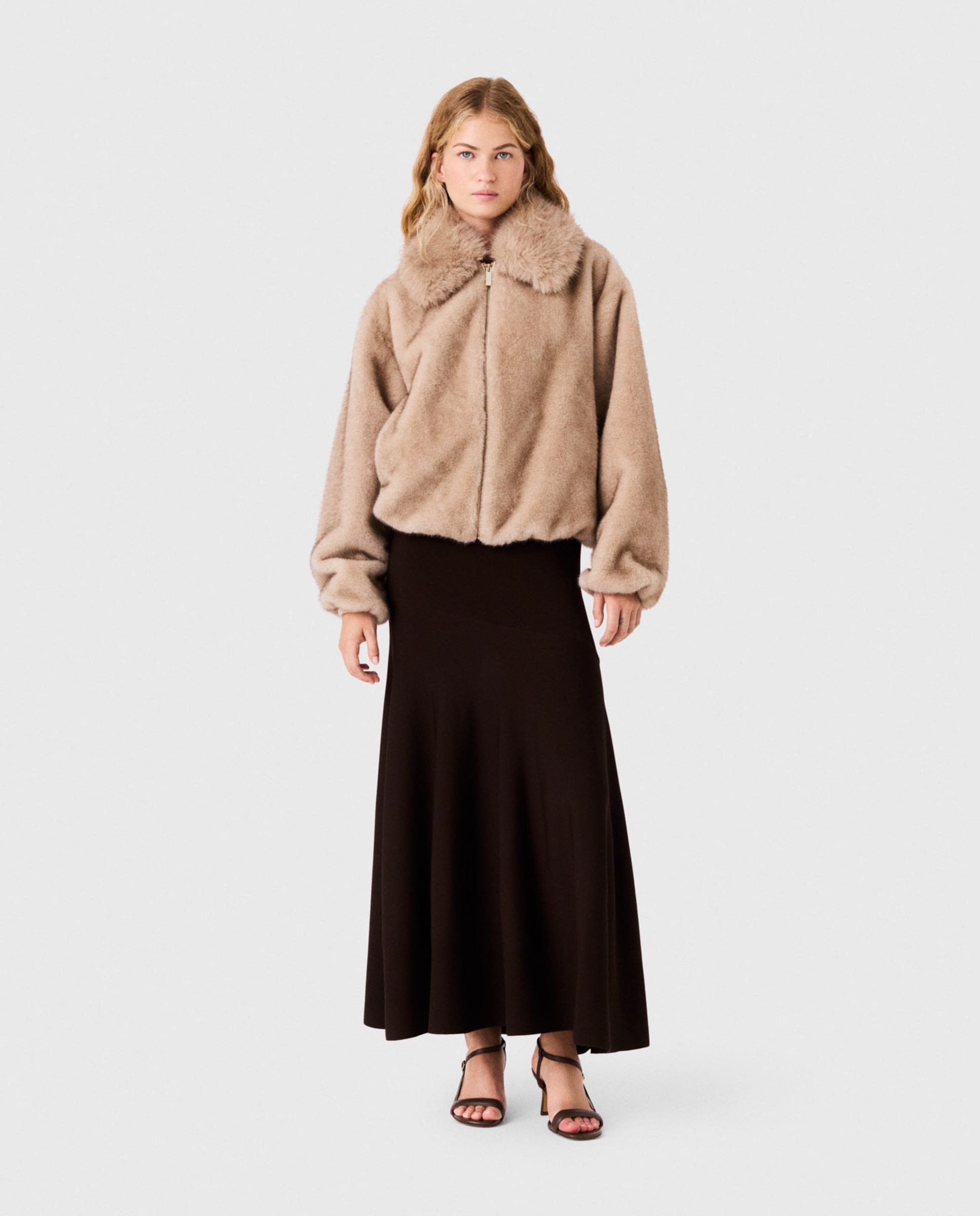 Cazadora de mujer de piel sintética con corte amplio y cuello envolvente - Maje - Beige Beige-4