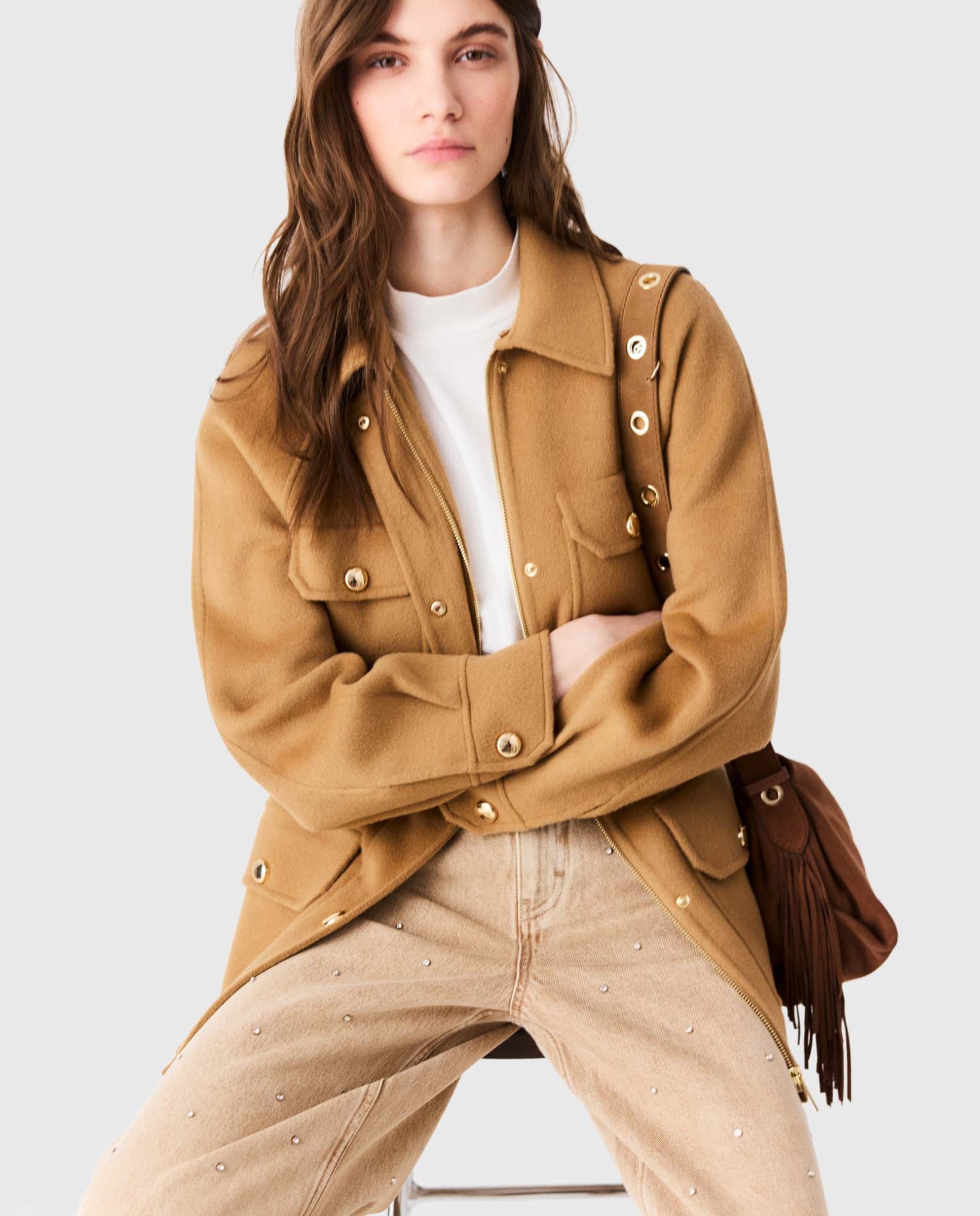 Abrigo de paño de mujer semilargo de lana doble faz - Maje - Camel Camel-6