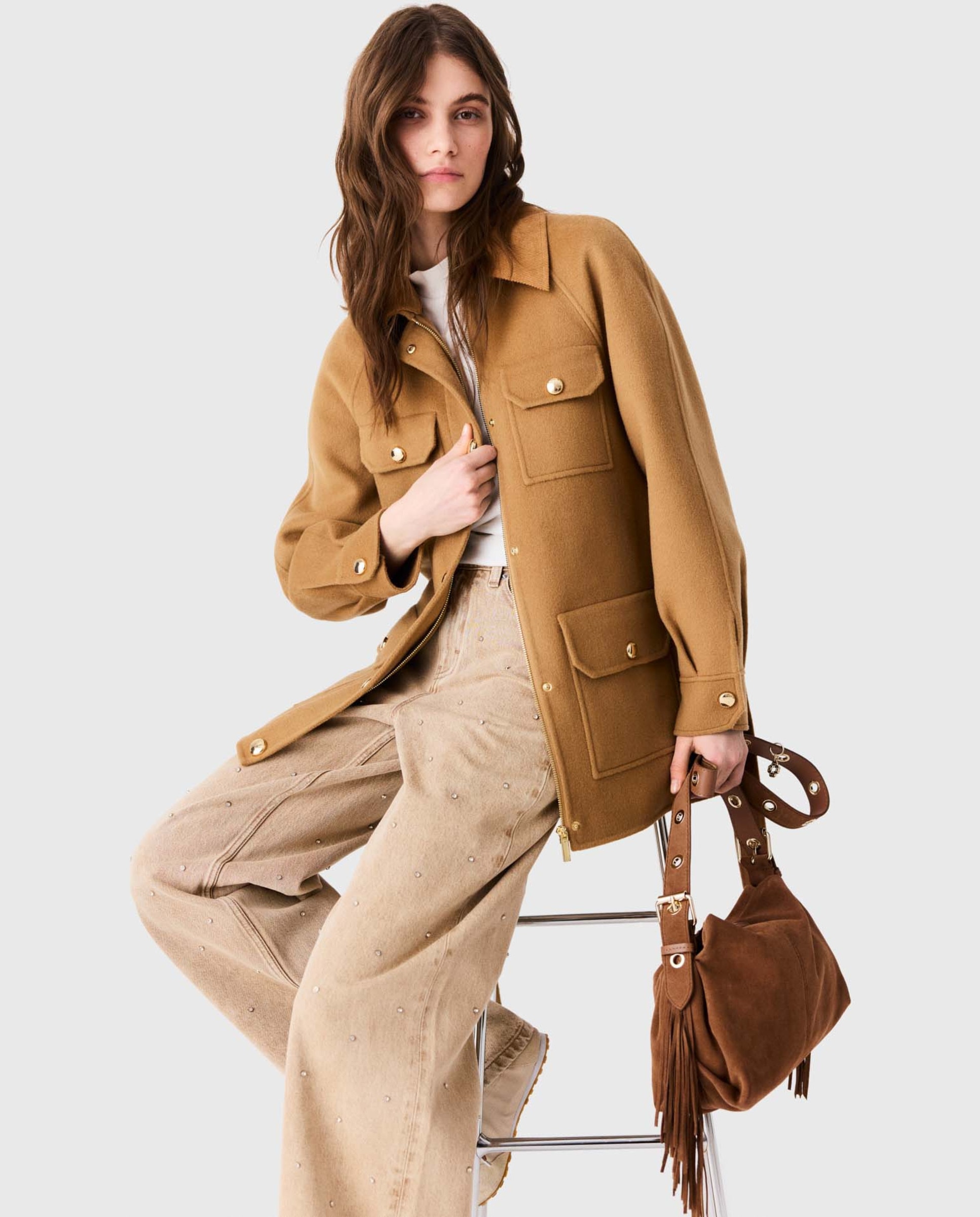 Abrigo de paño de mujer semilargo de lana doble faz - Maje - Camel Camel-7
