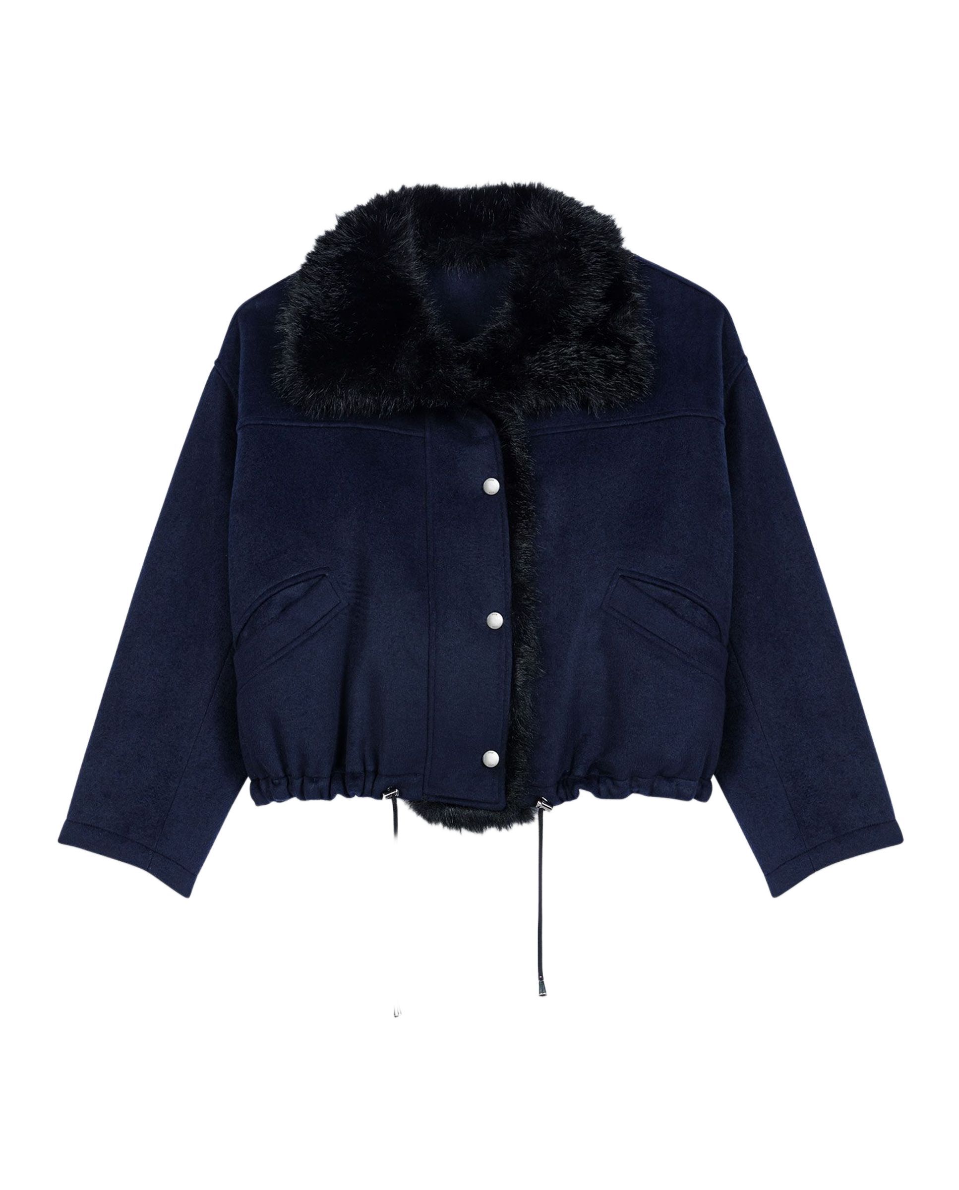 Abrigo de paño de mujer corto con lana y cuello de pelo sintético - Maje - Azul marino Azul marino-8