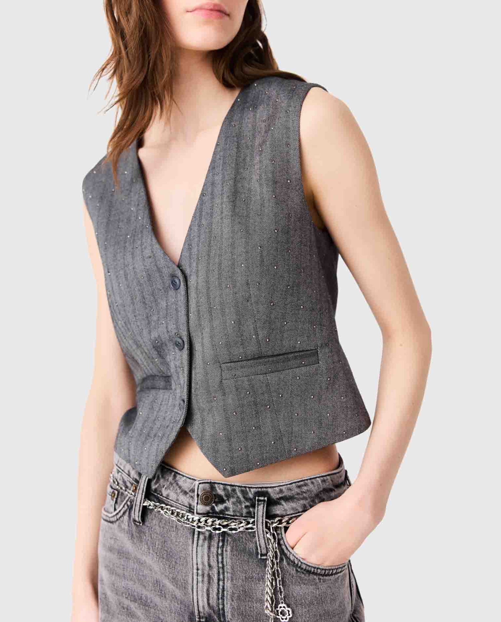 Chaleco de mujer sastre entallado con strass - Maje - Gris Gris-6