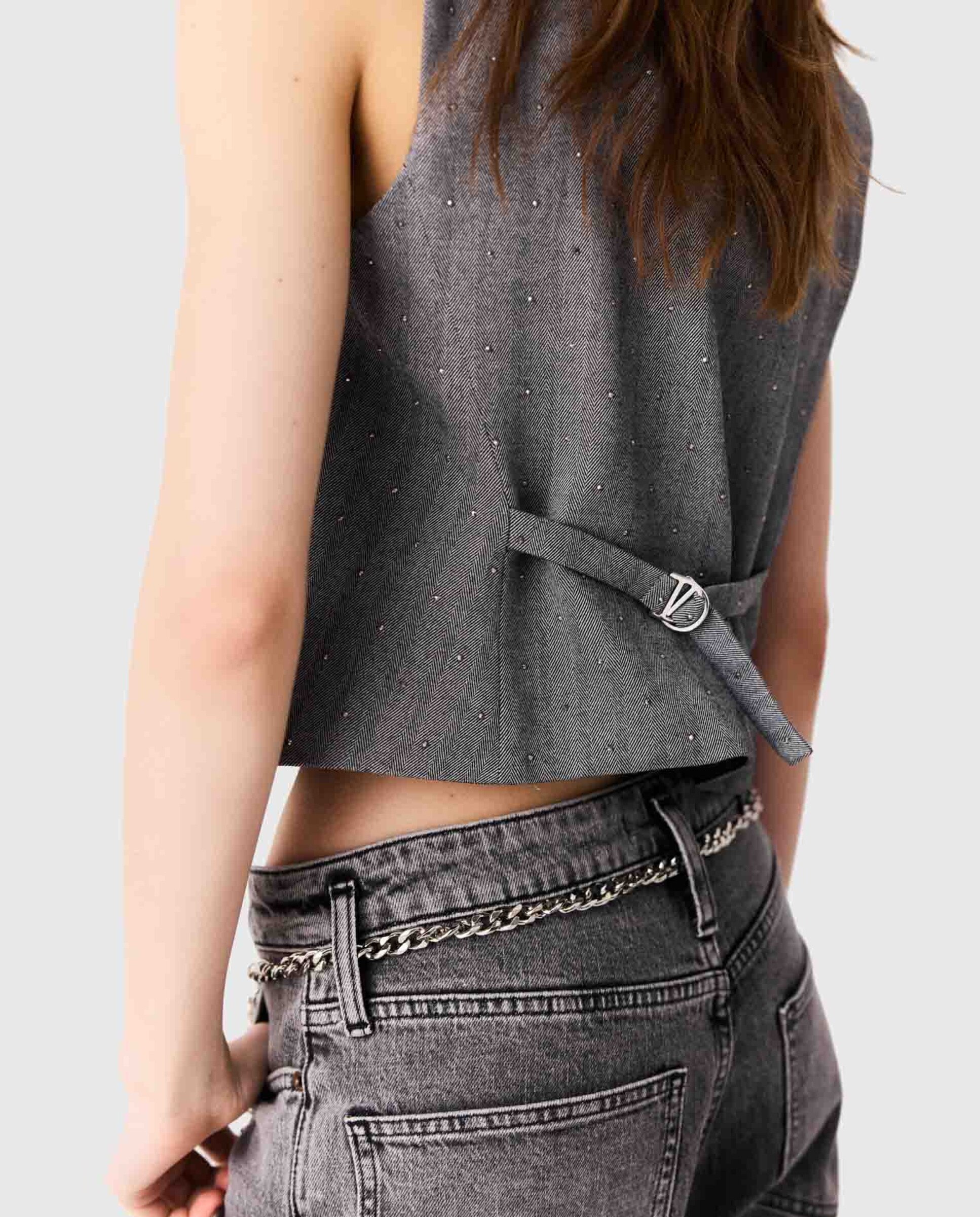Chaleco de mujer sastre entallado con strass - Maje - Gris Gris-7