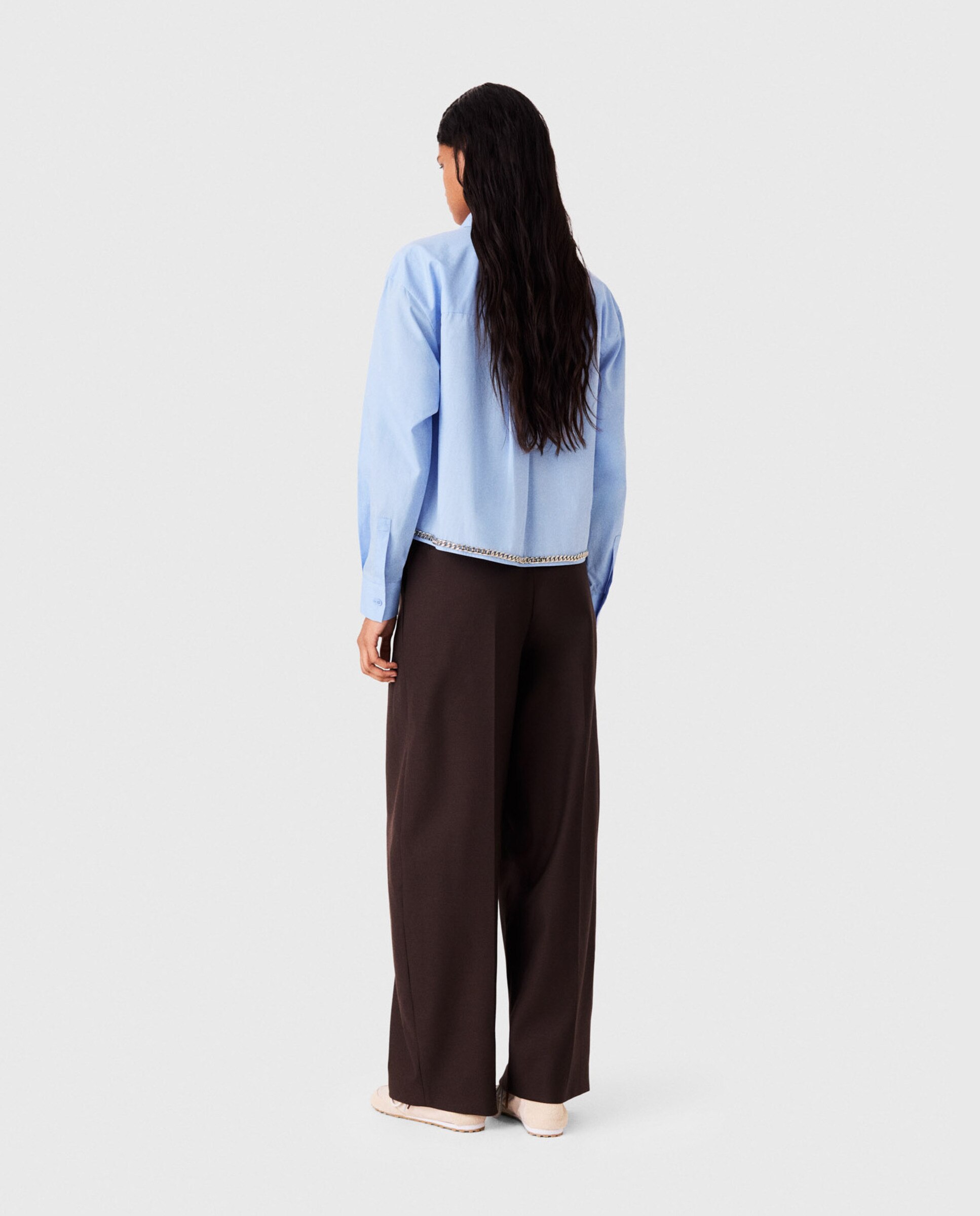 Camisa de mujer corta 100% algodón con galón de cadena metalizado - Maje - Azul claro Azul claro-2