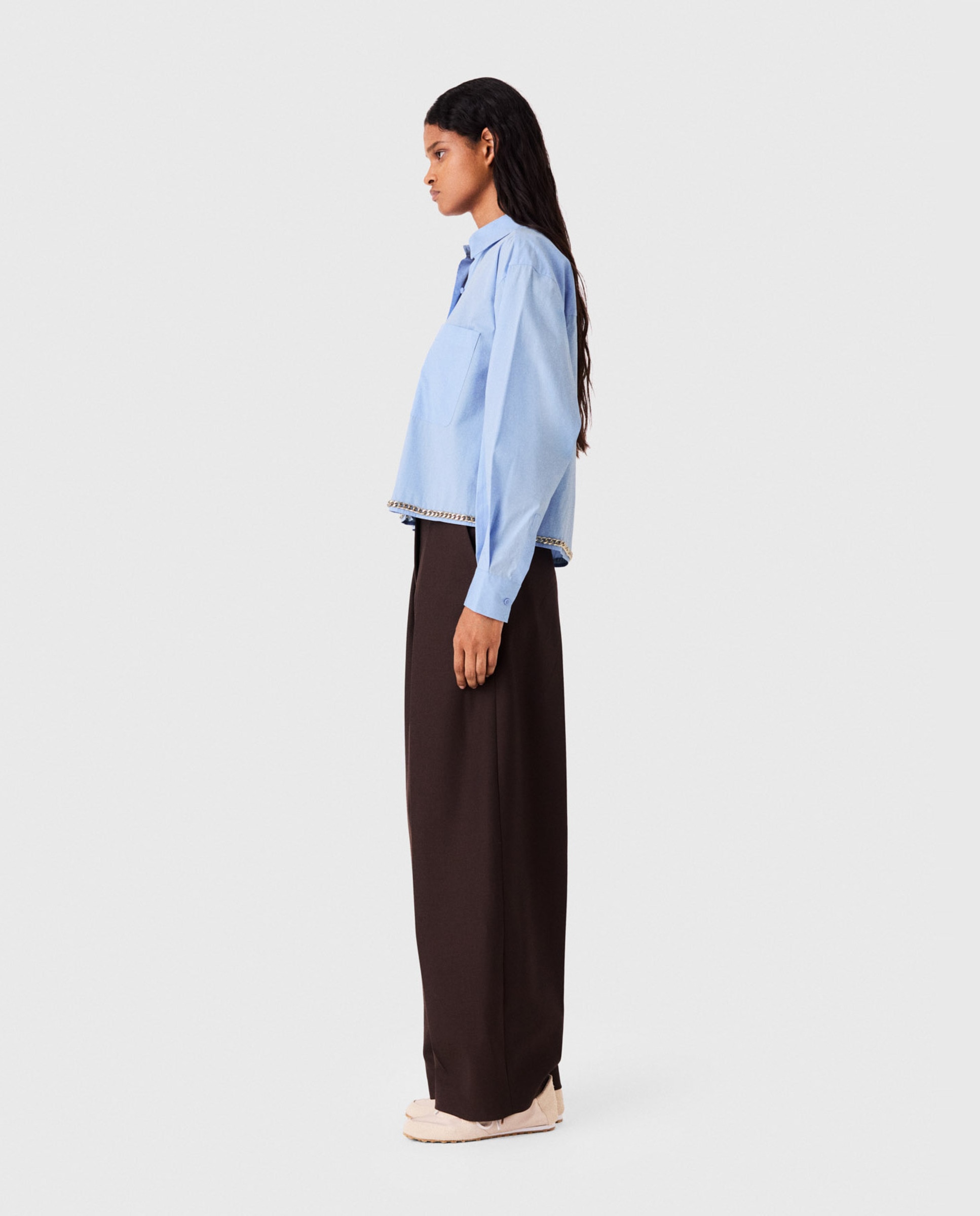 Camisa de mujer corta 100% algodón con galón de cadena metalizado - Maje - Azul claro Azul claro-3