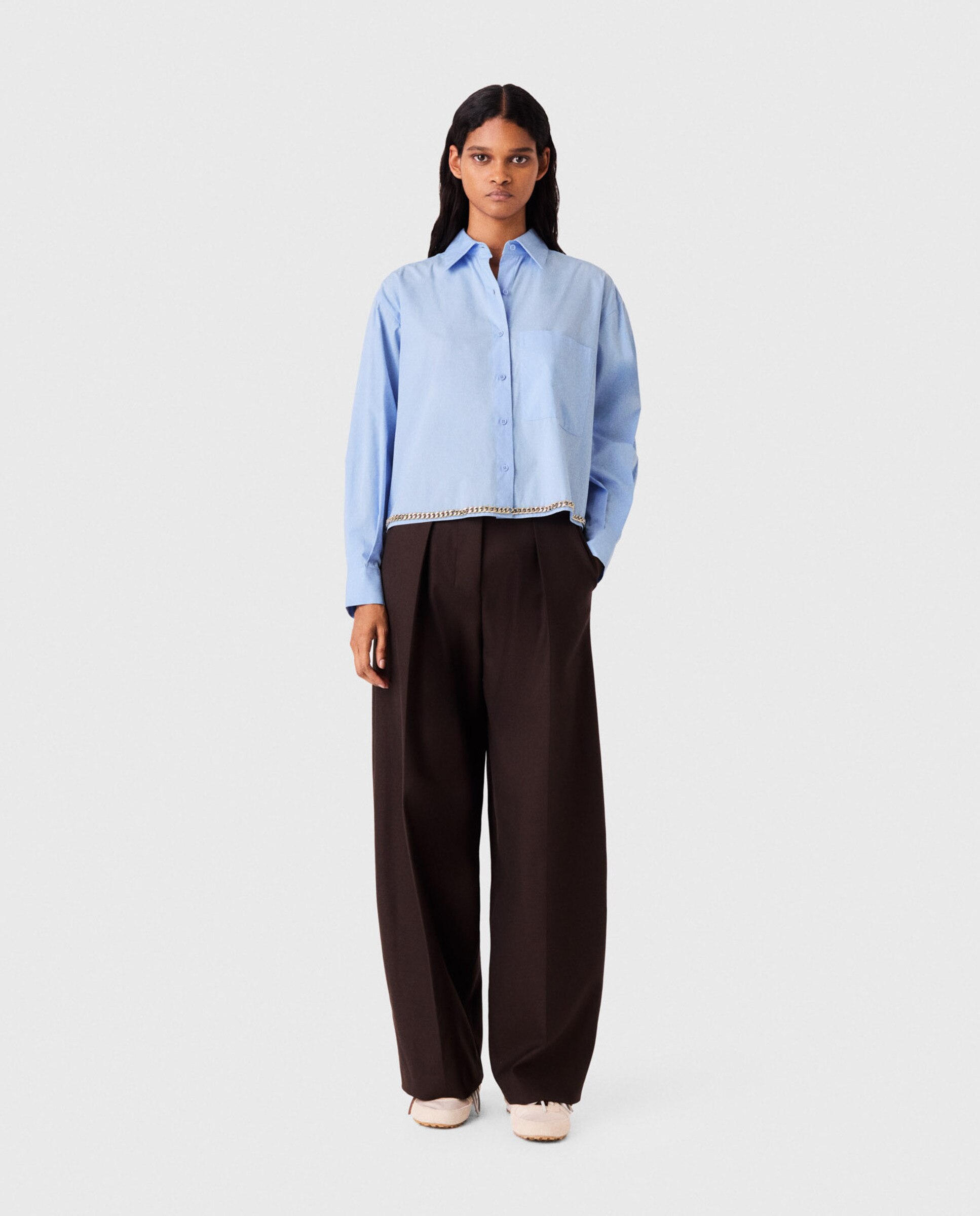 Camisa de mujer corta 100% algodón con galón de cadena metalizado - Maje - Azul claro Azul claro-4