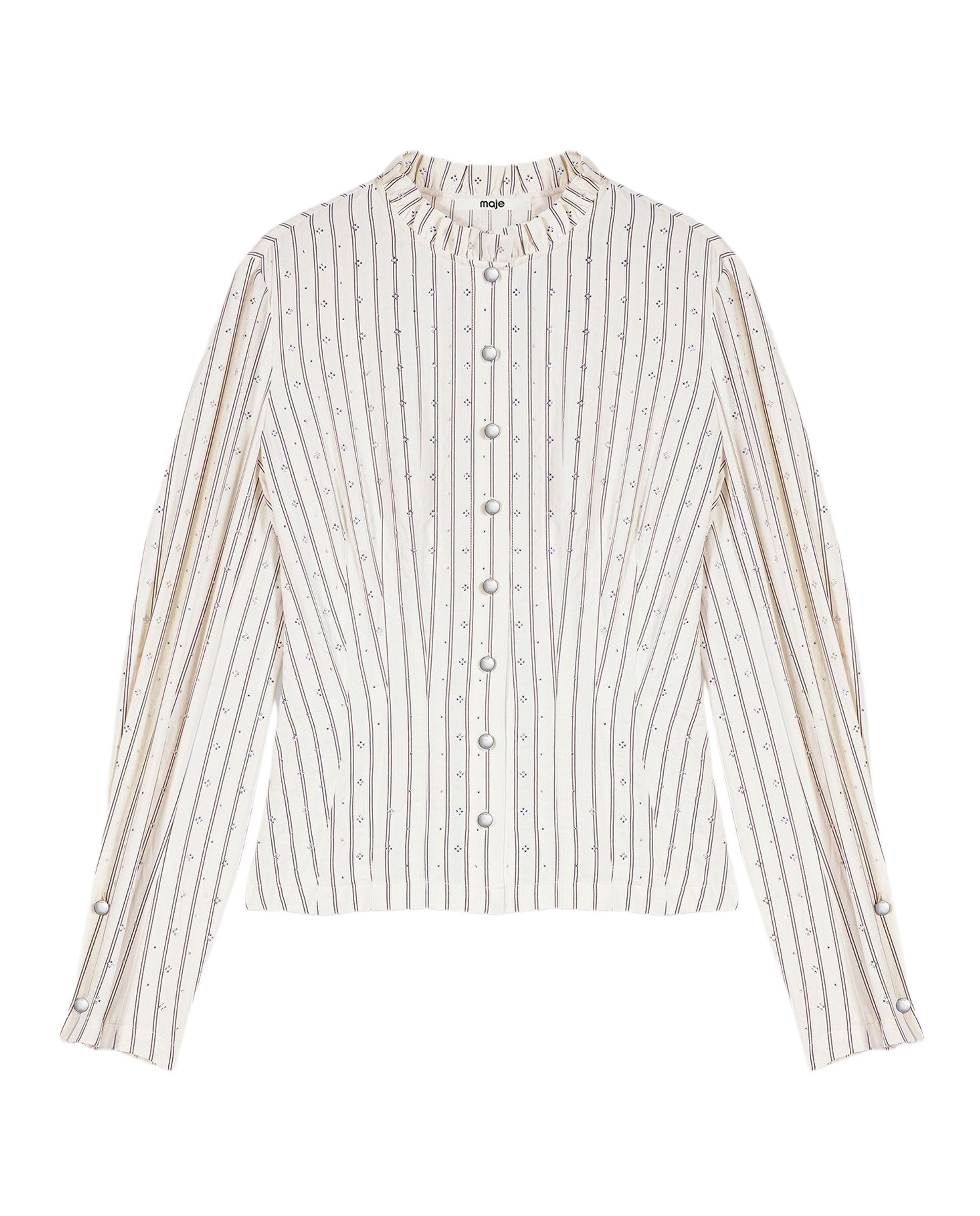 Camisa de mujer entallada con cuello alto y volantes - Maje - Blanco Blanco-8