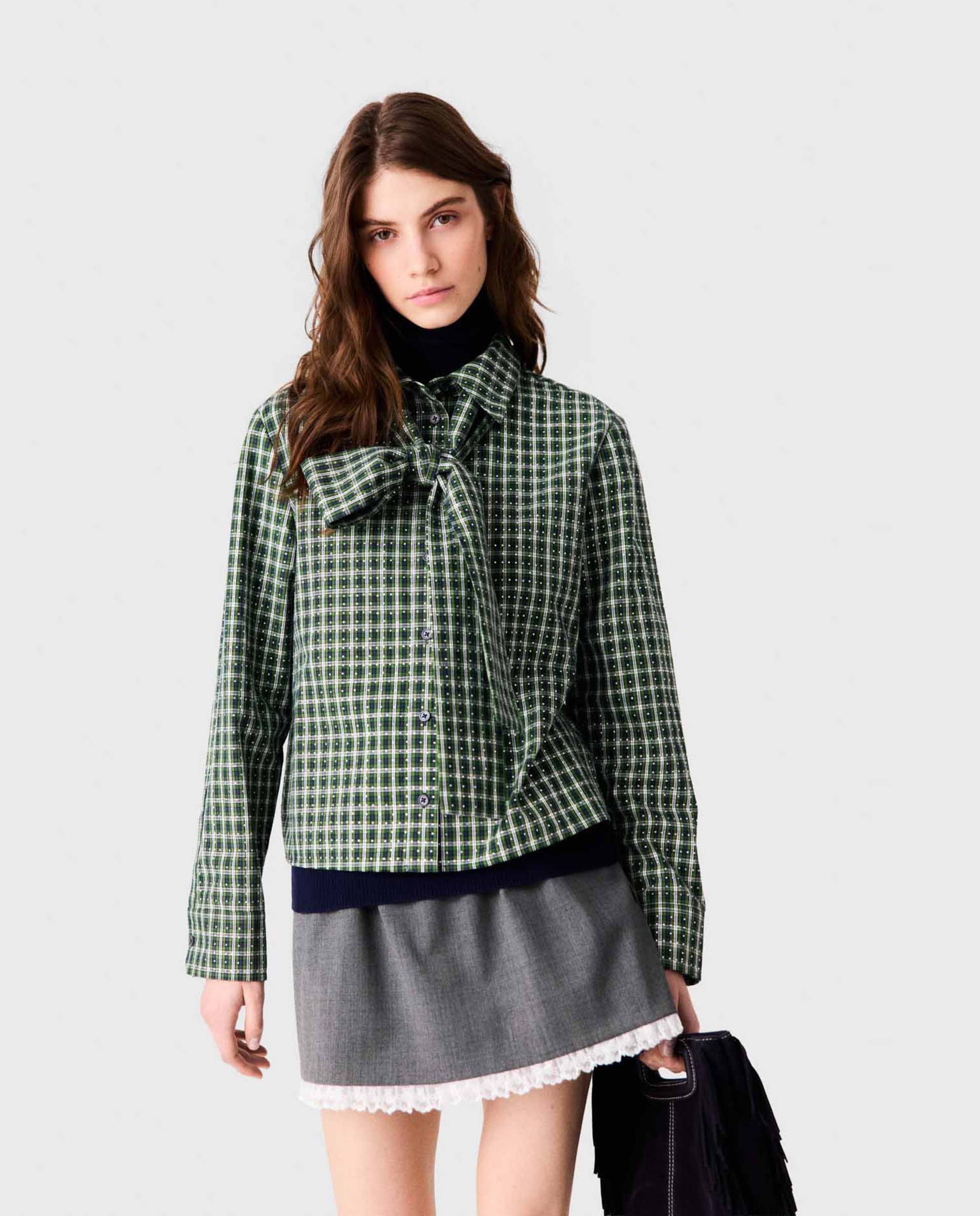 Camisa corta de mujer 100% algodón con strass, cuadros y corbata desmontable - Maje - Verde Verde-1