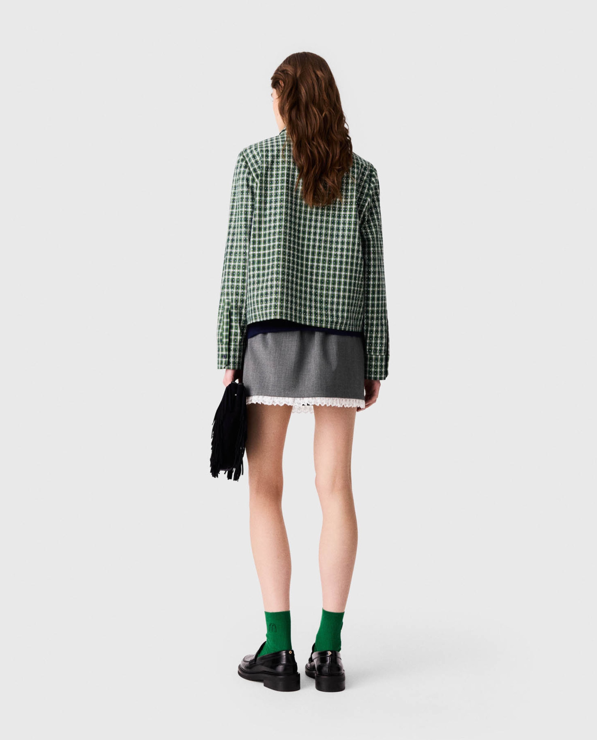 Camisa corta de mujer 100% algodón con strass, cuadros y corbata desmontable - Maje - Verde Verde-2