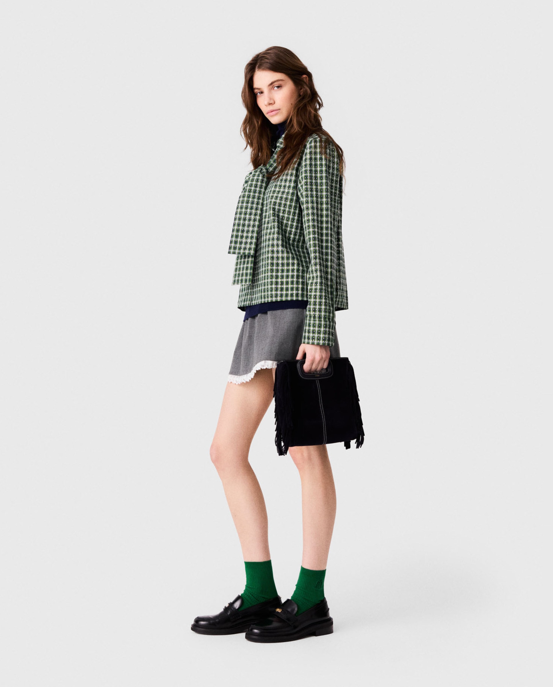 Camisa corta de mujer 100% algodón con strass, cuadros y corbata desmontable - Maje - Verde Verde-3