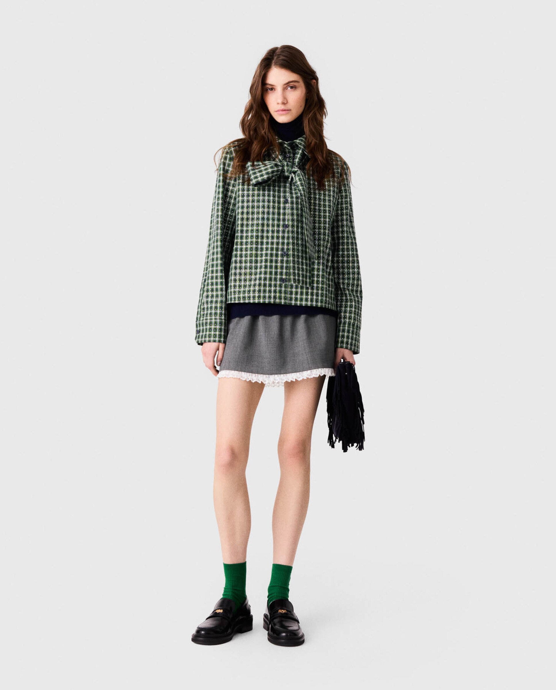 Camisa corta de mujer 100% algodón con strass, cuadros y corbata desmontable - Maje - Verde Verde-4
