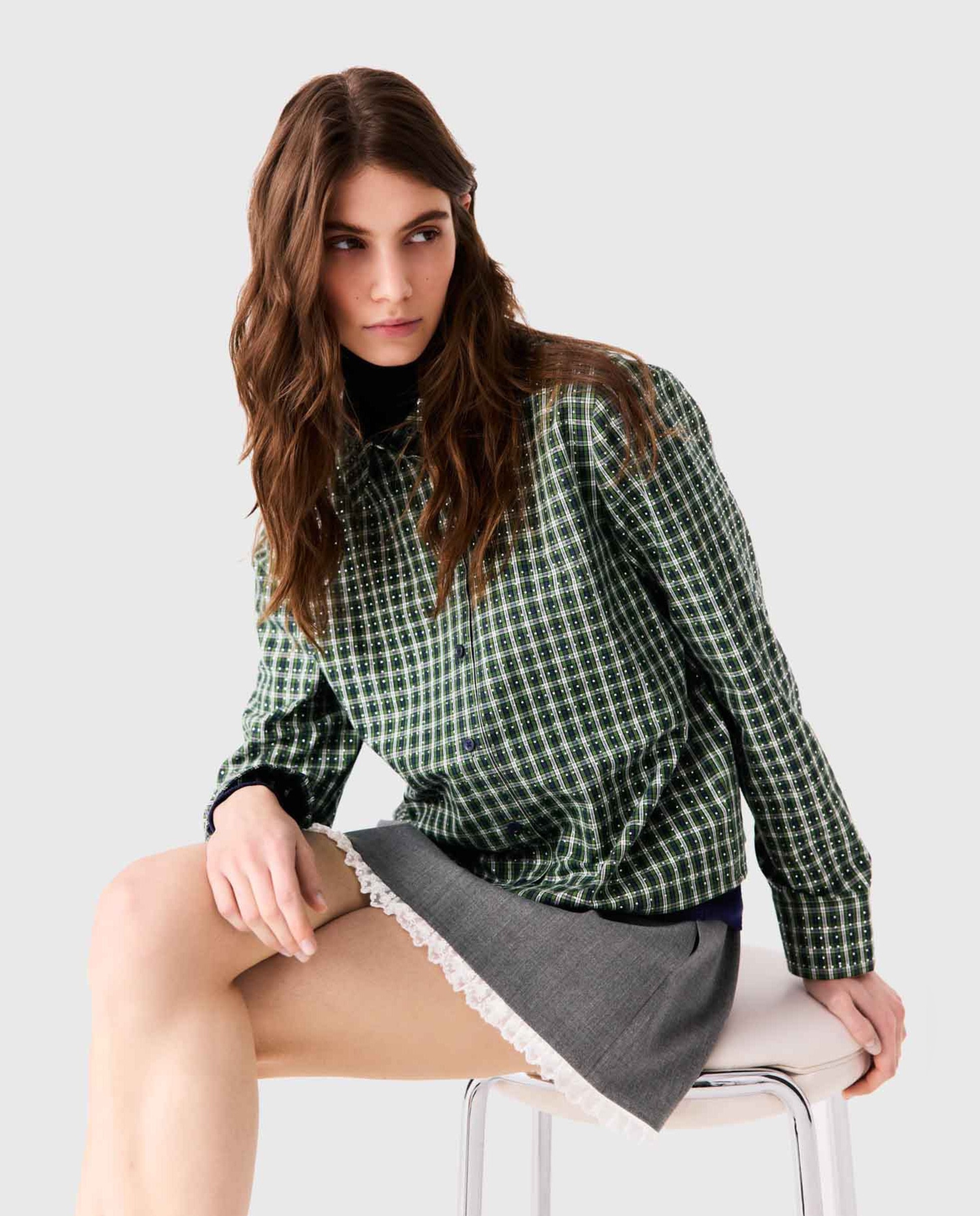 Camisa corta de mujer 100% algodón con strass, cuadros y corbata desmontable - Maje - Verde Verde-5