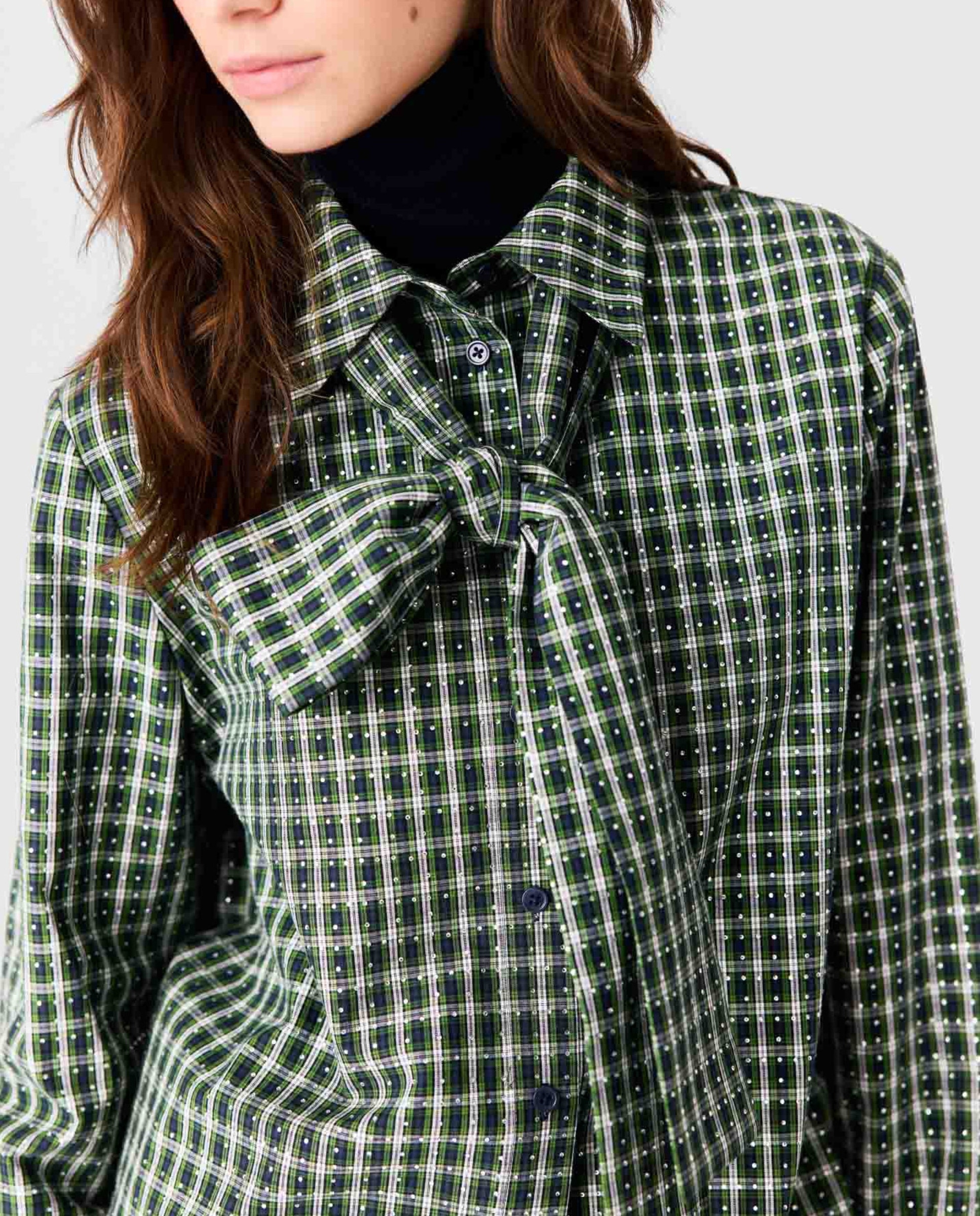Camisa corta de mujer 100% algodón con strass, cuadros y corbata desmontable - Maje - Verde Verde-6