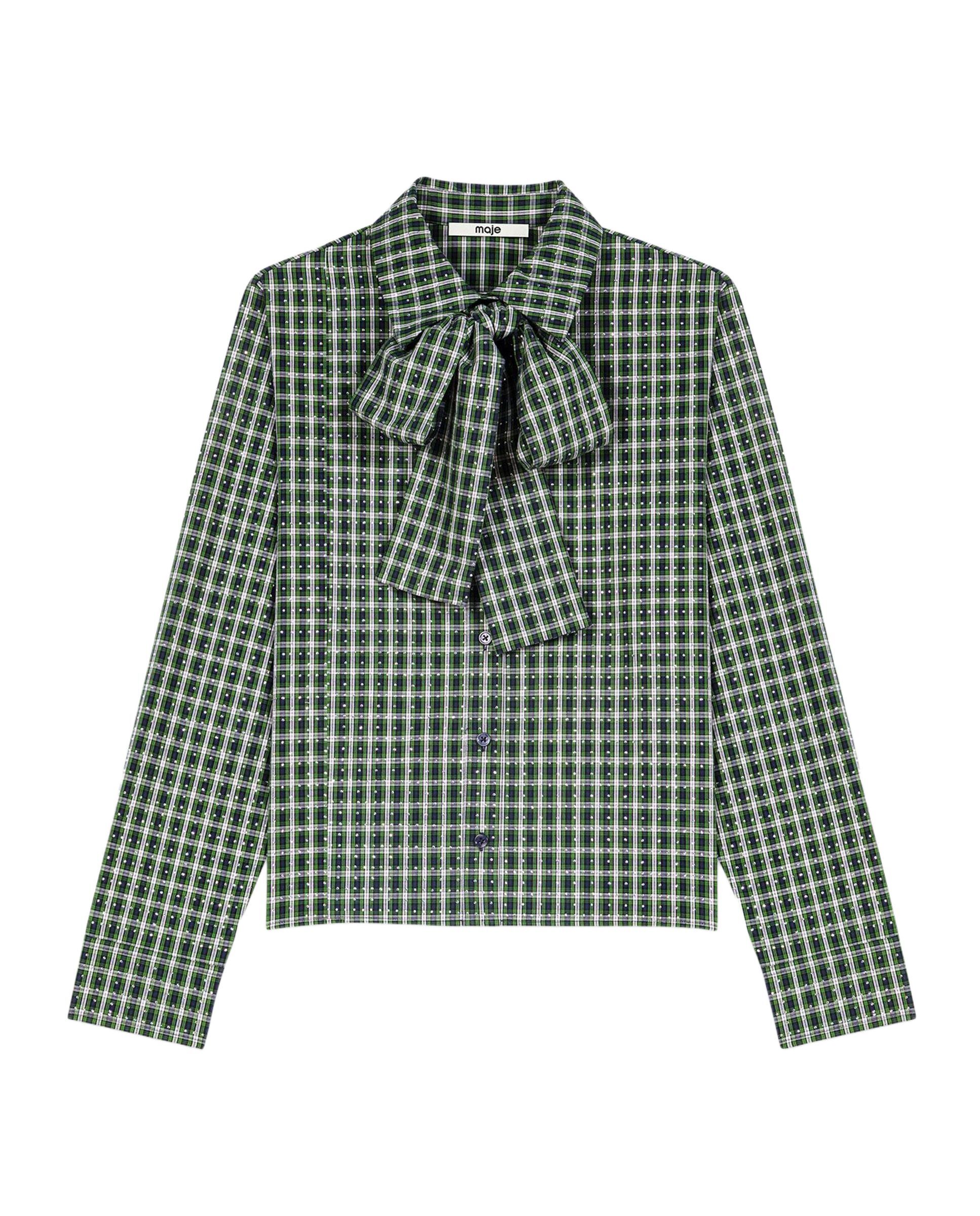 Camisa corta de mujer 100% algodón con strass, cuadros y corbata desmontable - Maje - Verde Verde-7