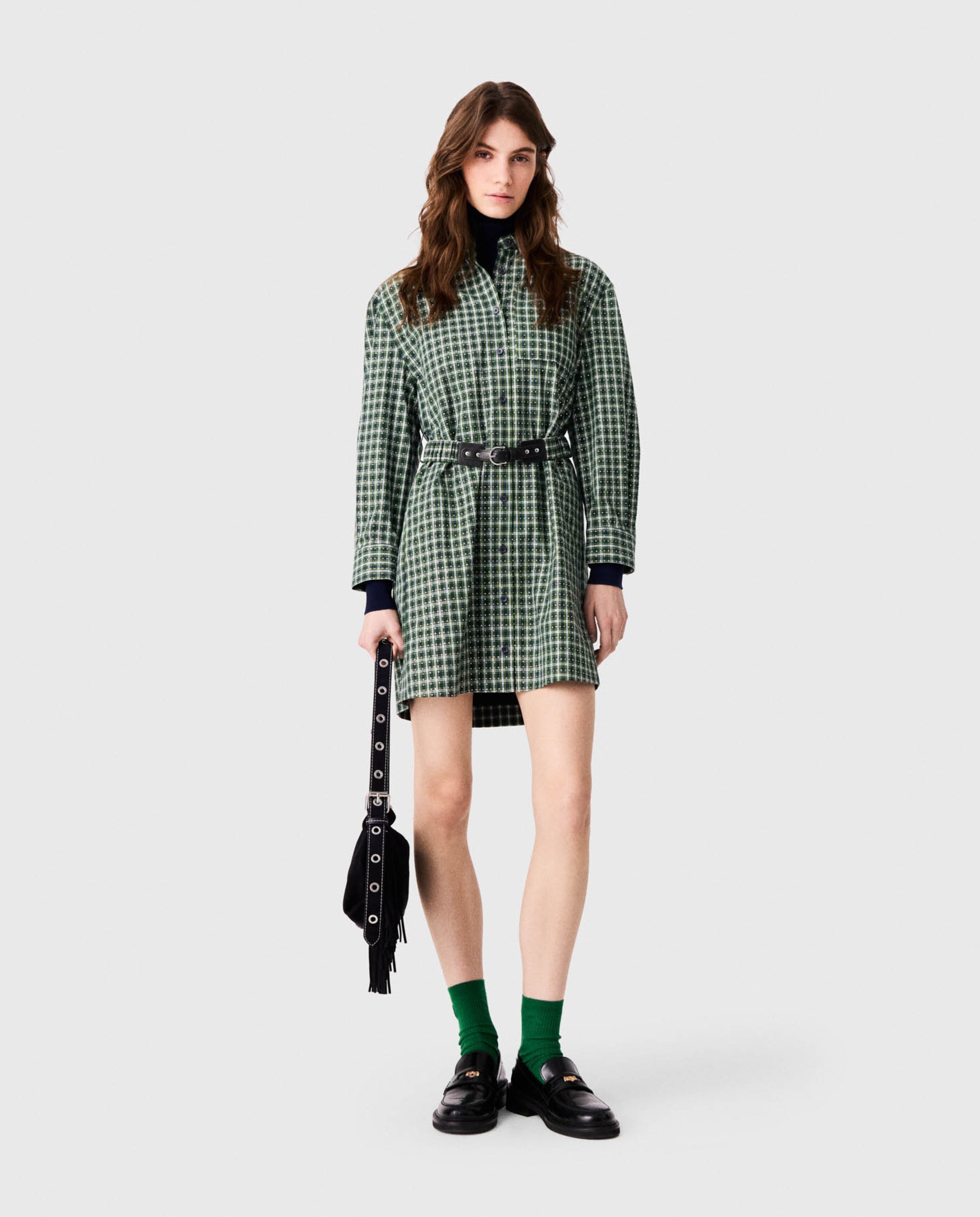 Vestido camisero corto 100% algodón con estampado de cuadros y strass - Maje - Verde Verde-1