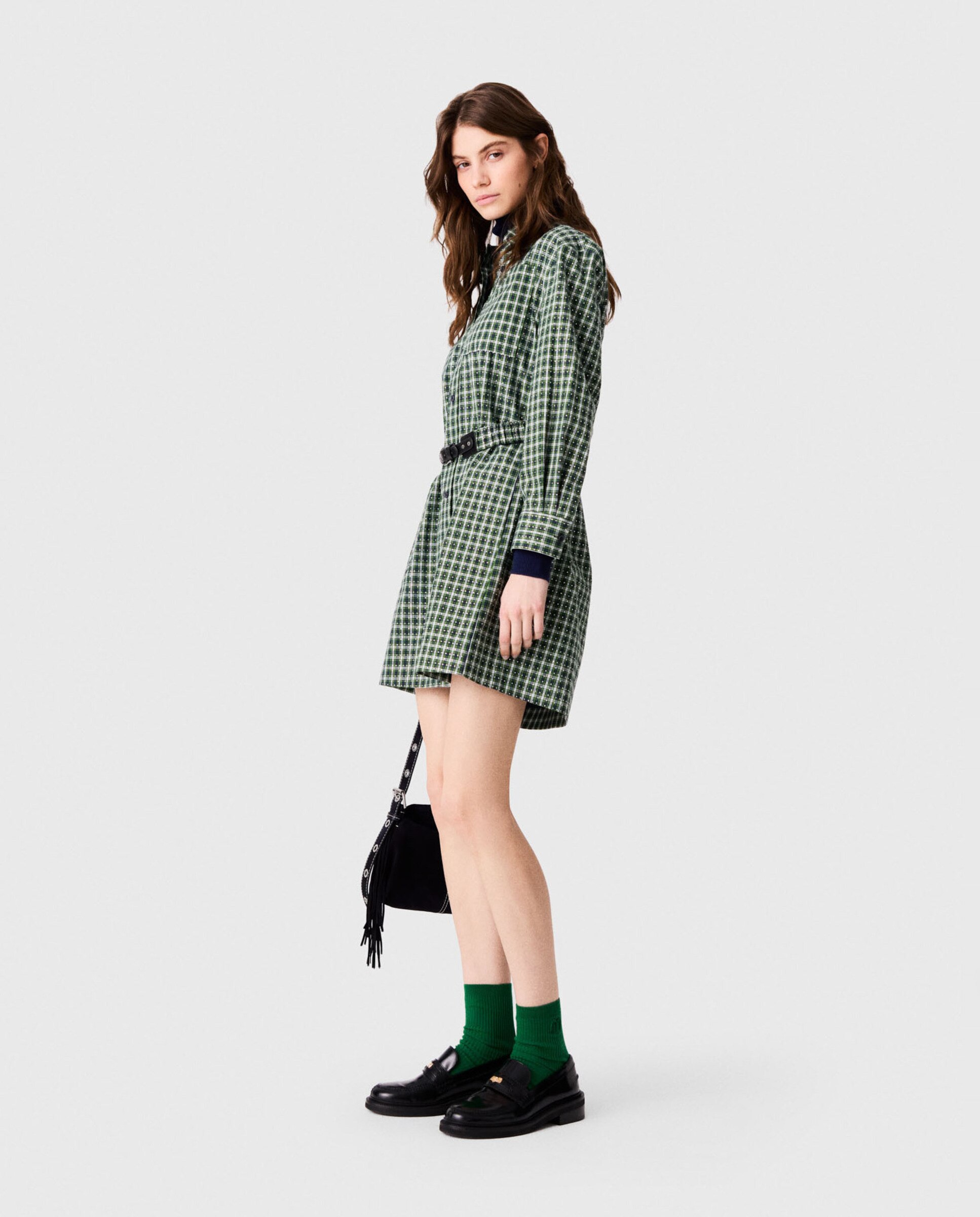 Vestido camisero corto 100% algodón con estampado de cuadros y strass - Maje - Verde Verde-2