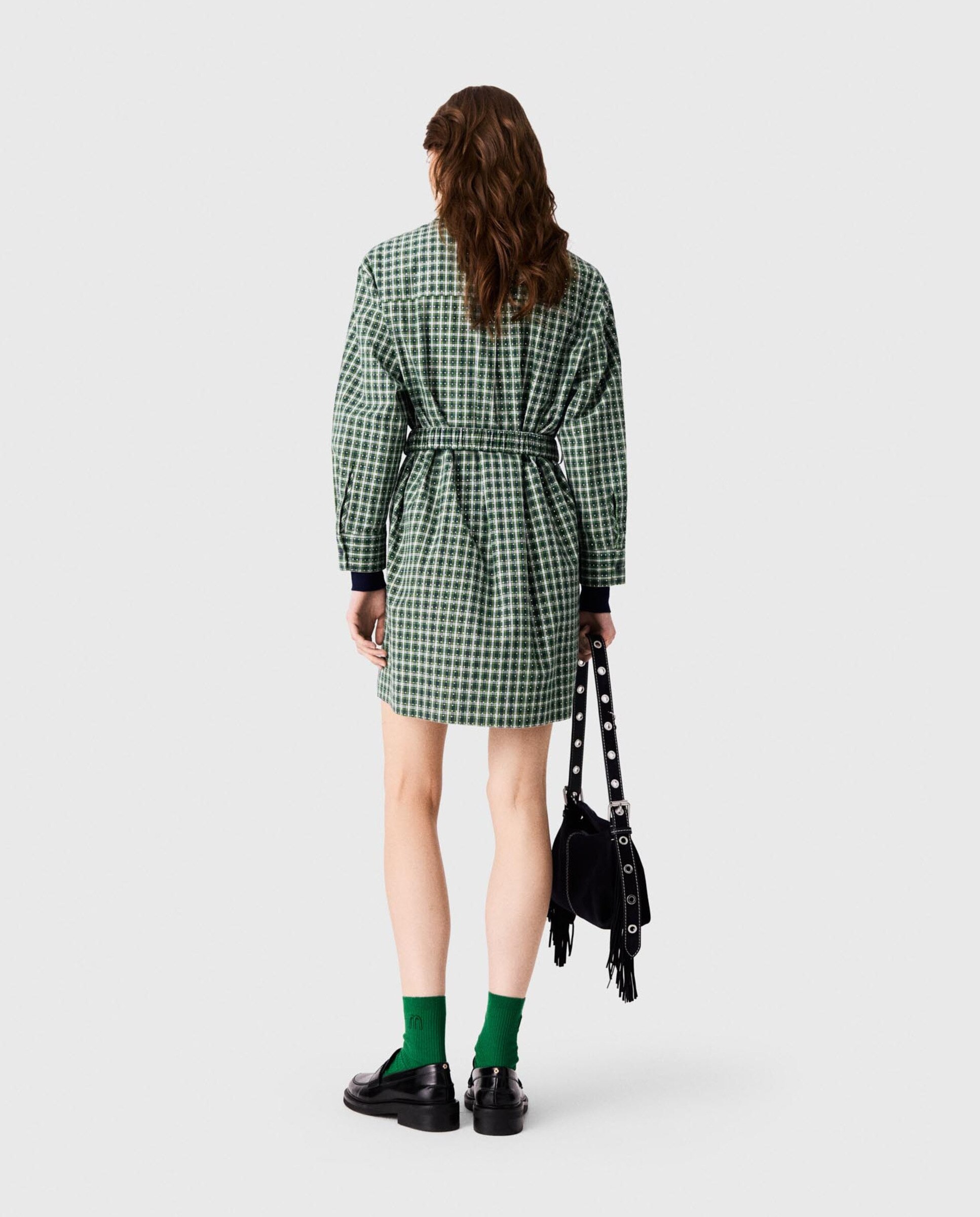 Vestido camisero corto 100% algodón con estampado de cuadros y strass - Maje - Verde Verde-3