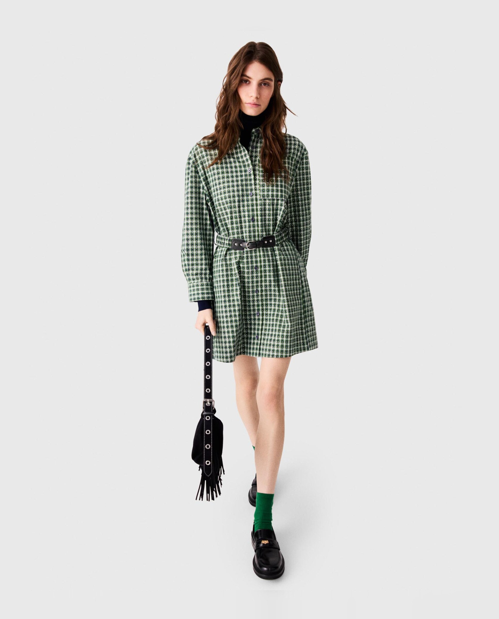 Vestido camisero corto 100% algodón con estampado de cuadros y strass - Maje - Verde Verde-4