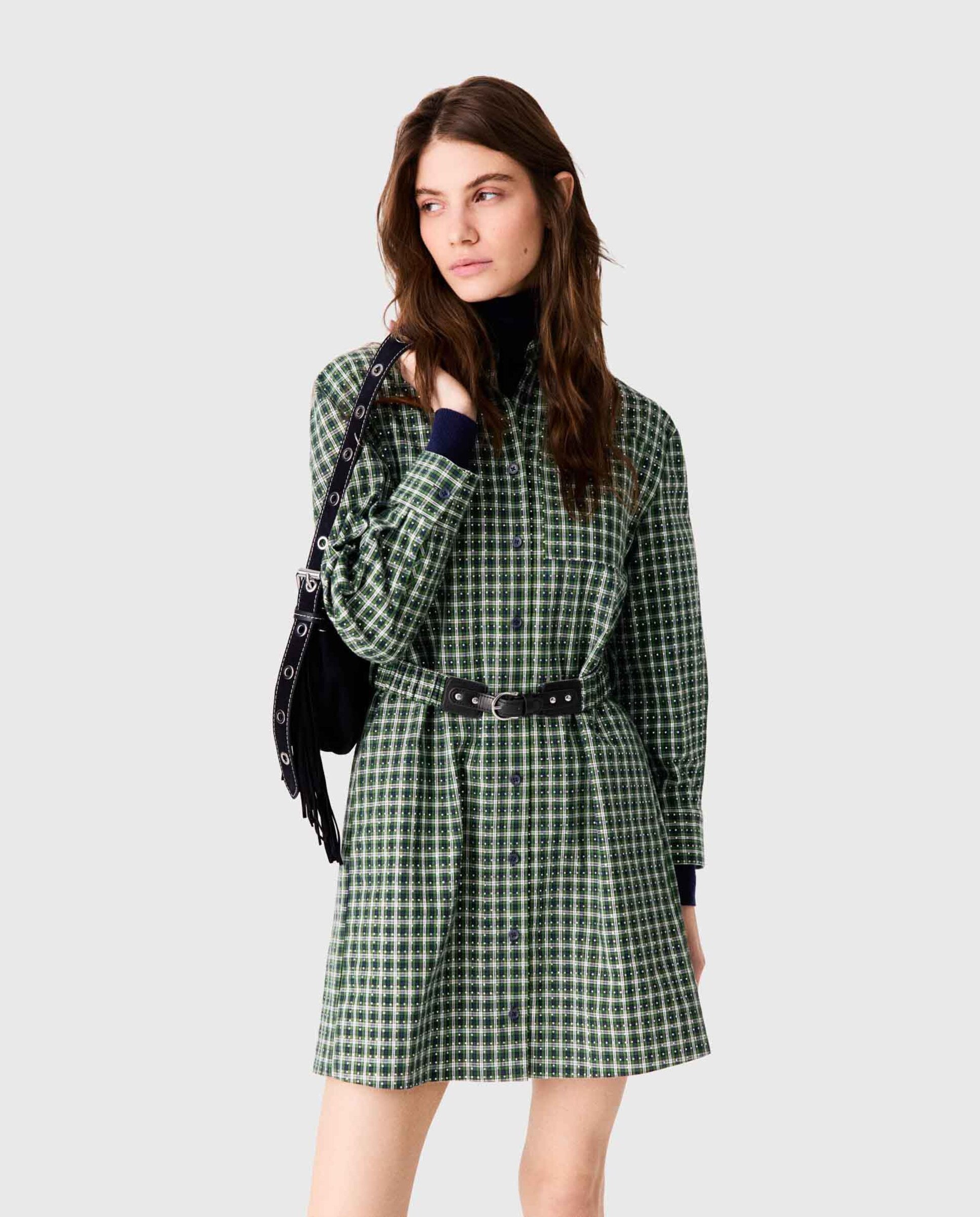 Vestido camisero corto 100% algodón con estampado de cuadros y strass - Maje - Verde Verde-5