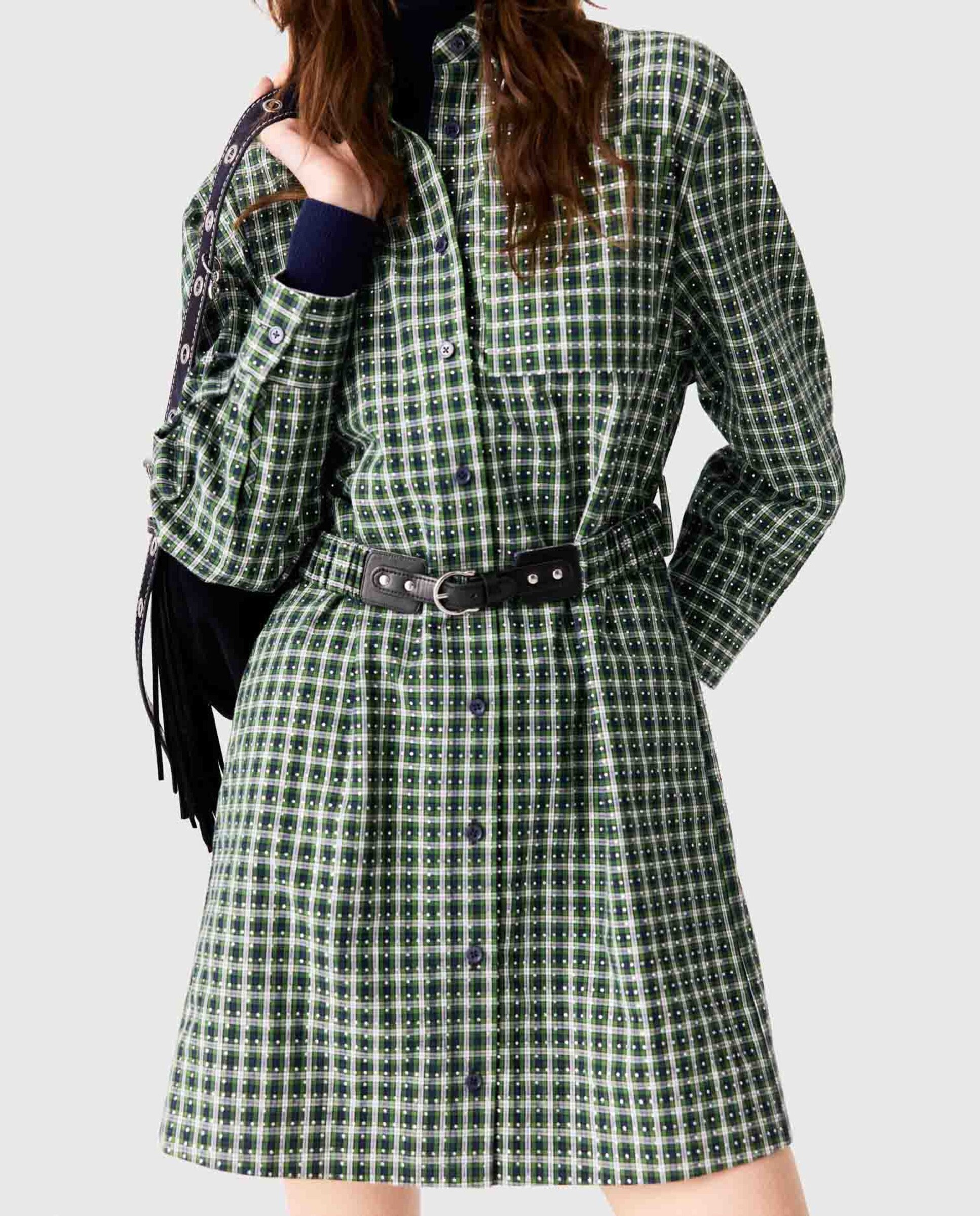 Vestido camisero corto 100% algodón con estampado de cuadros y strass - Maje - Verde Verde-6