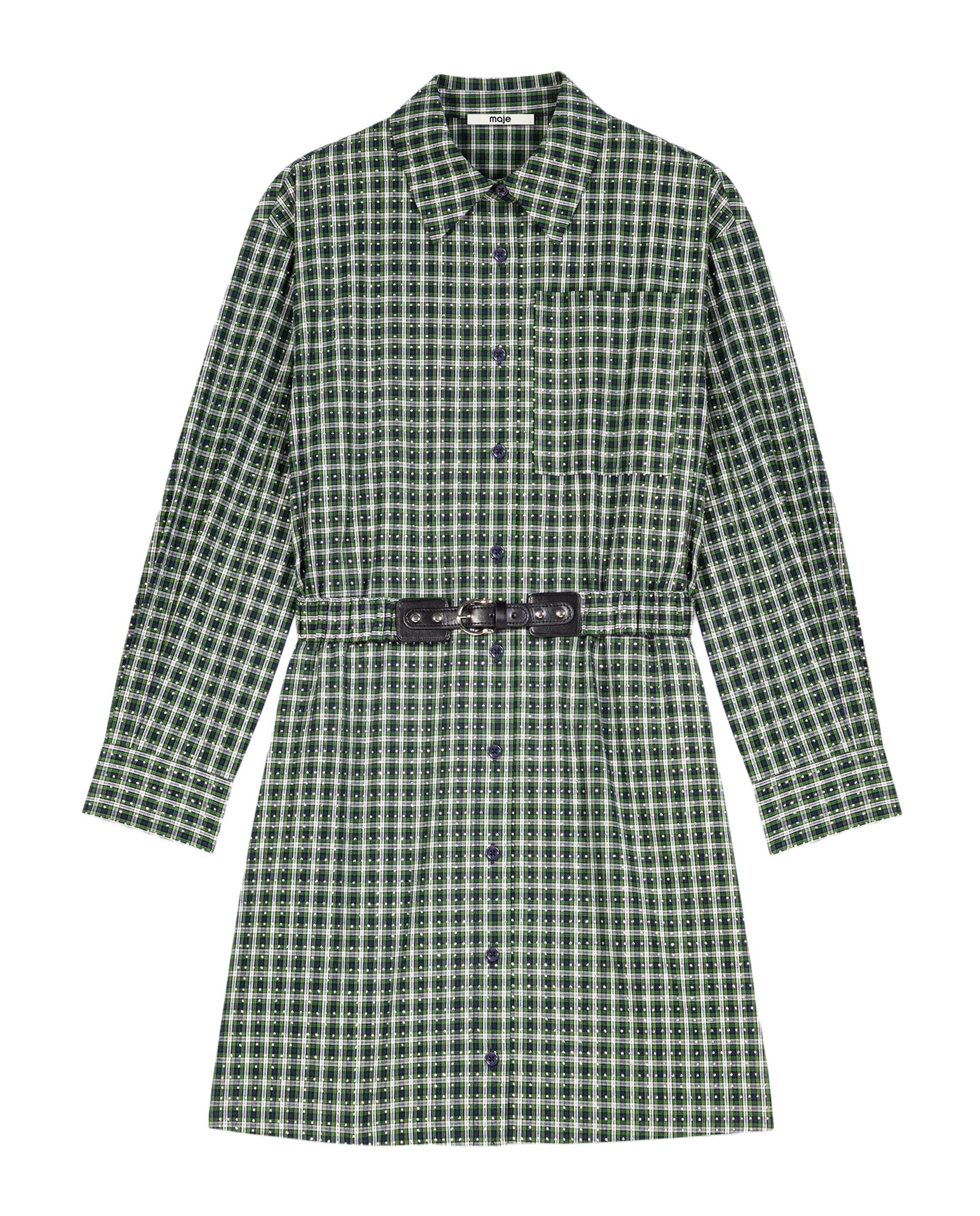Vestido camisero corto 100% algodón con estampado de cuadros y strass - Maje - Verde Verde-7