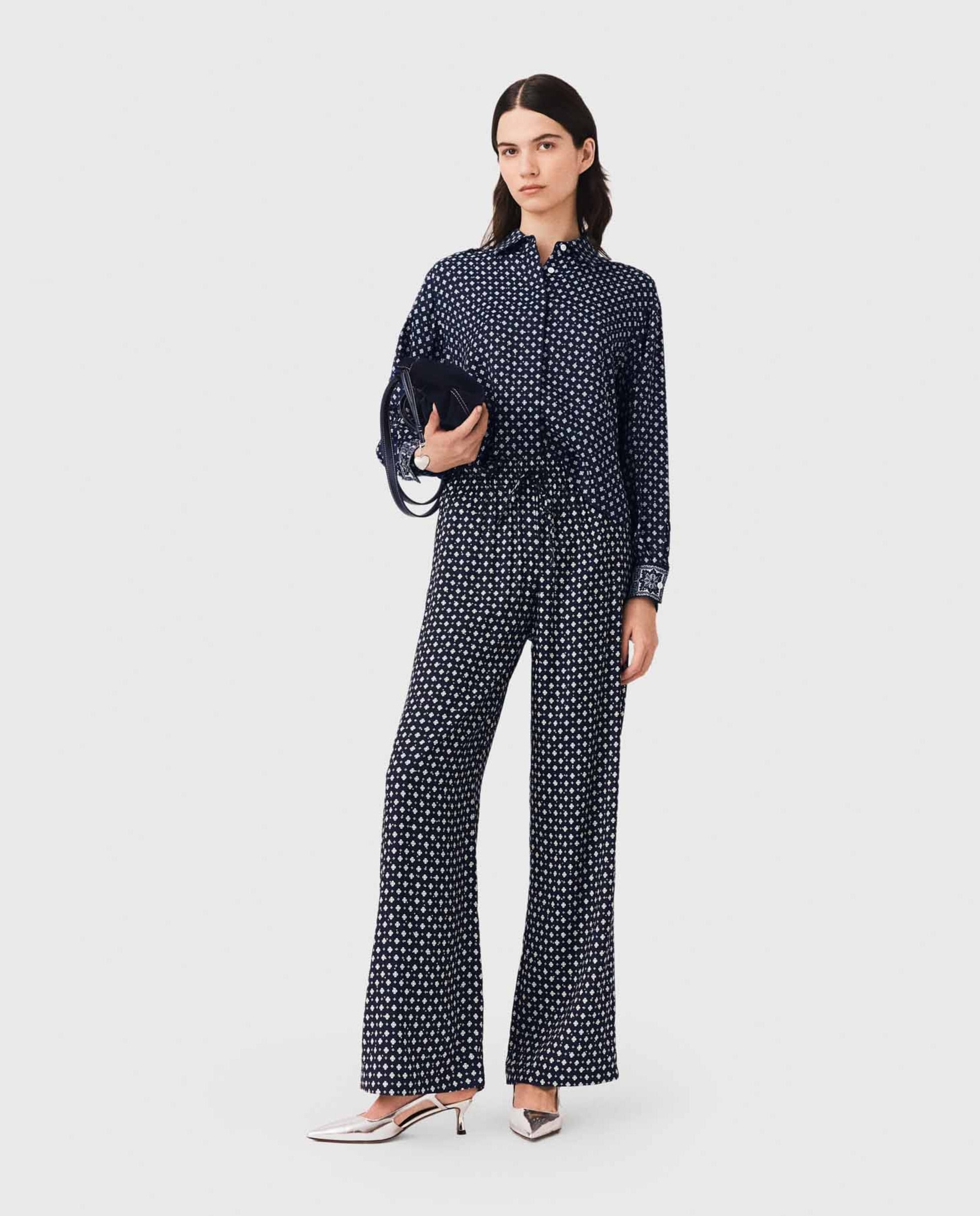 Pantalones anchos de mujer de cintura alta y estampado con strass - Maje - Azul marino Azul marino-1