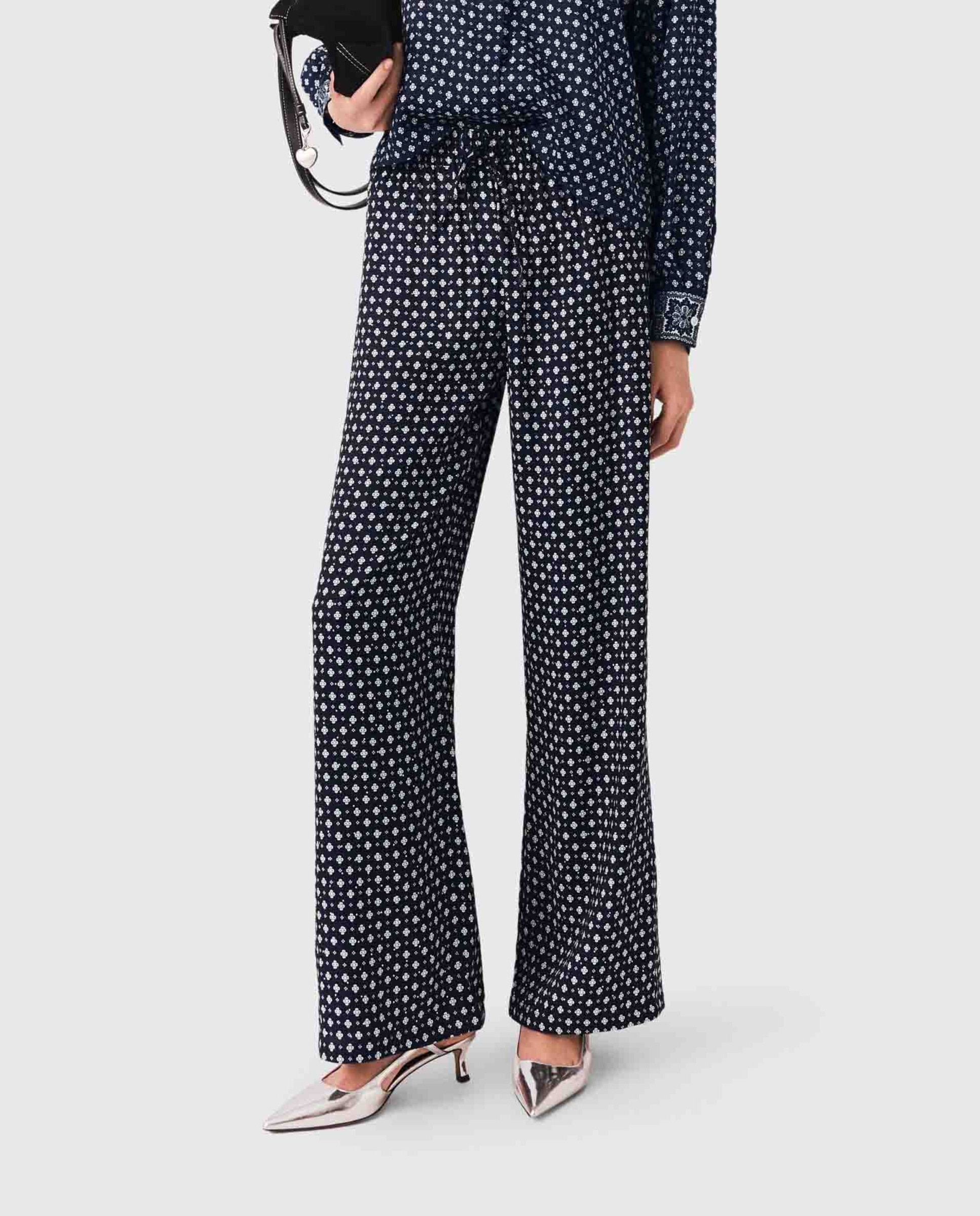 Pantalones anchos de mujer de cintura alta y estampado con strass - Maje - Azul marino Azul marino-2