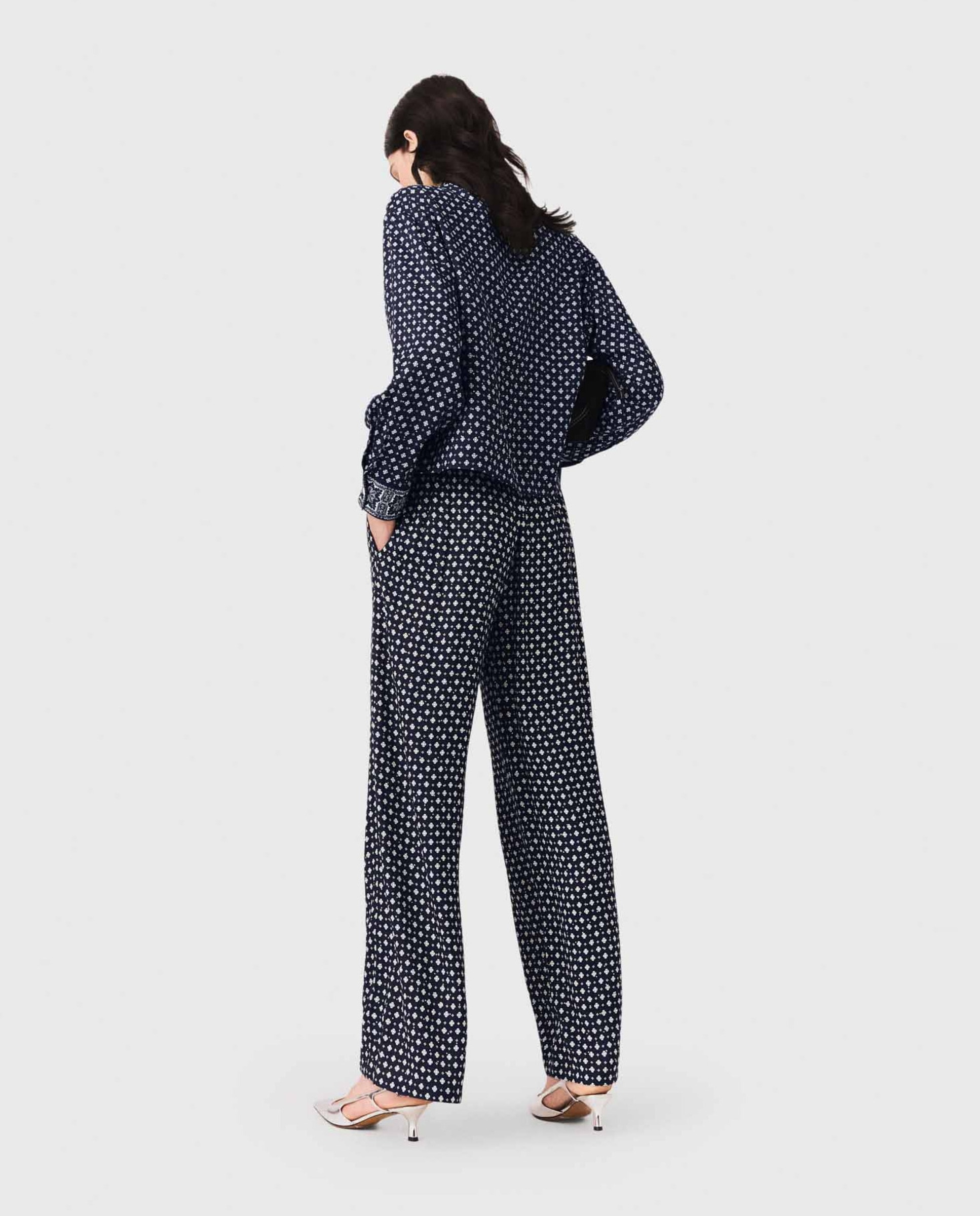 Pantalones anchos de mujer de cintura alta y estampado con strass - Maje - Azul marino Azul marino-3