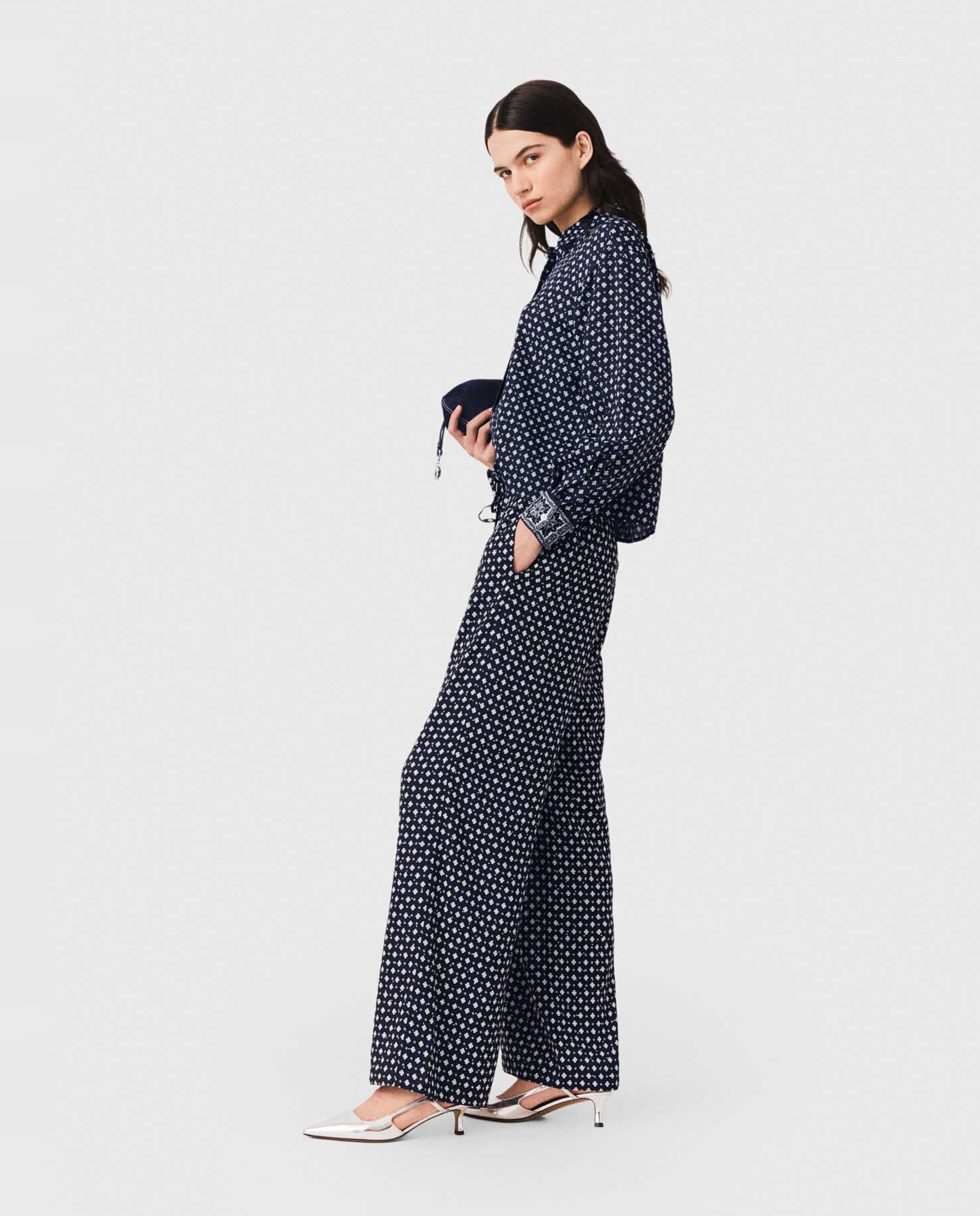 Pantalones anchos de mujer de cintura alta y estampado con strass - Maje - Azul marino Azul marino-4