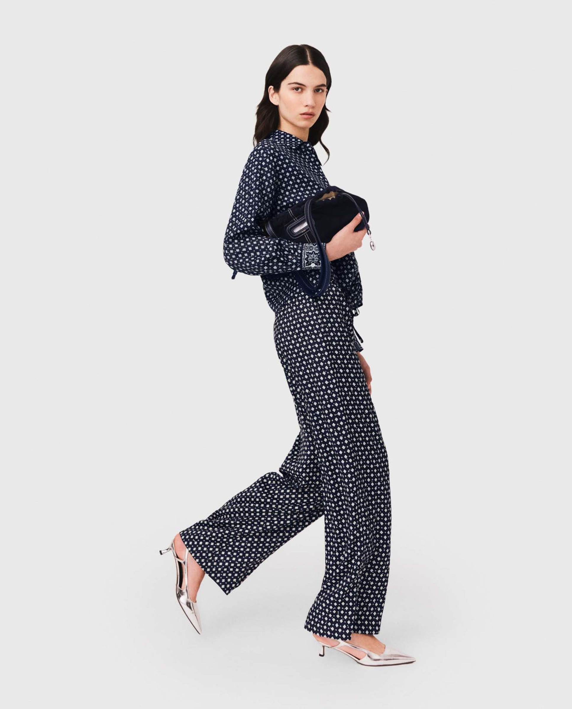 Pantalones anchos de mujer de cintura alta y estampado con strass - Maje - Azul marino Azul marino-5