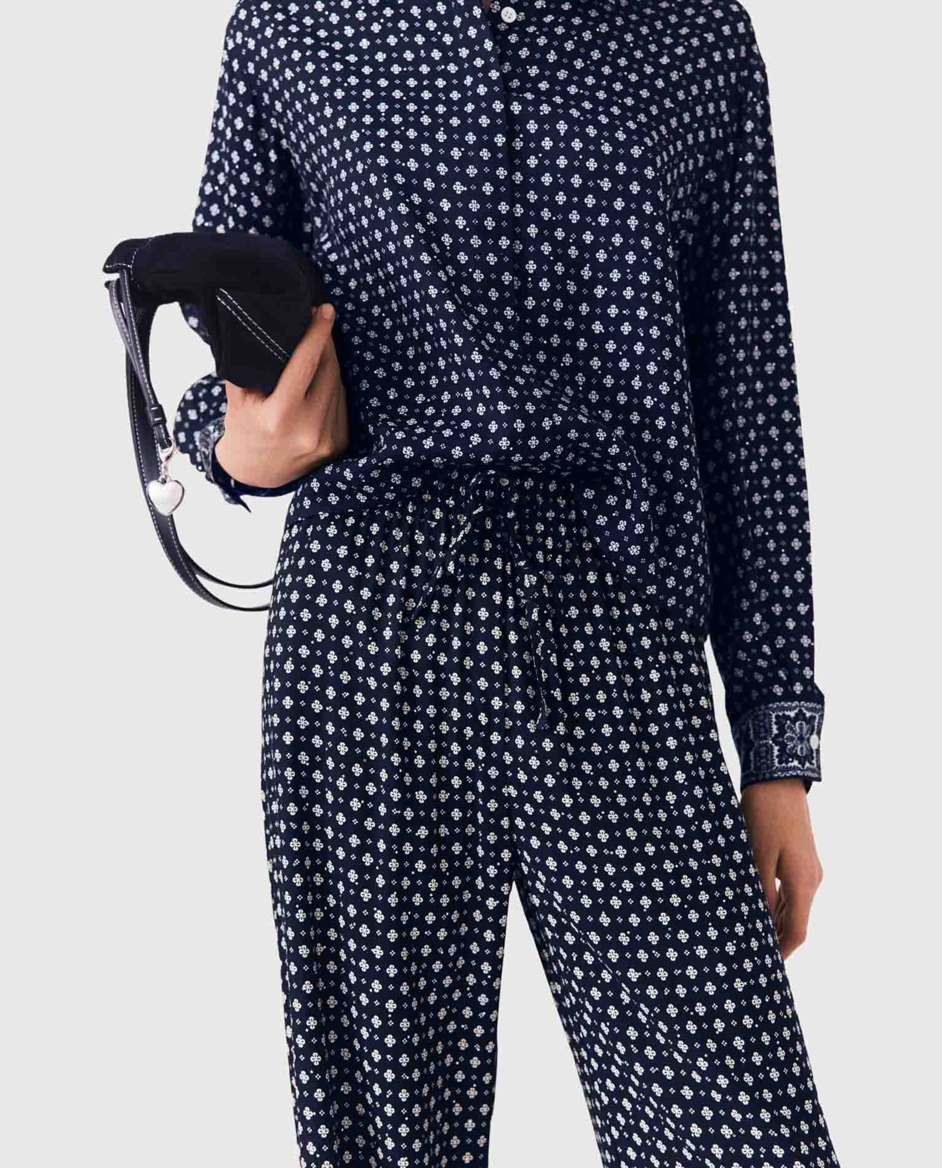 Pantalones anchos de mujer de cintura alta y estampado con strass - Maje - Azul marino Azul marino-6
