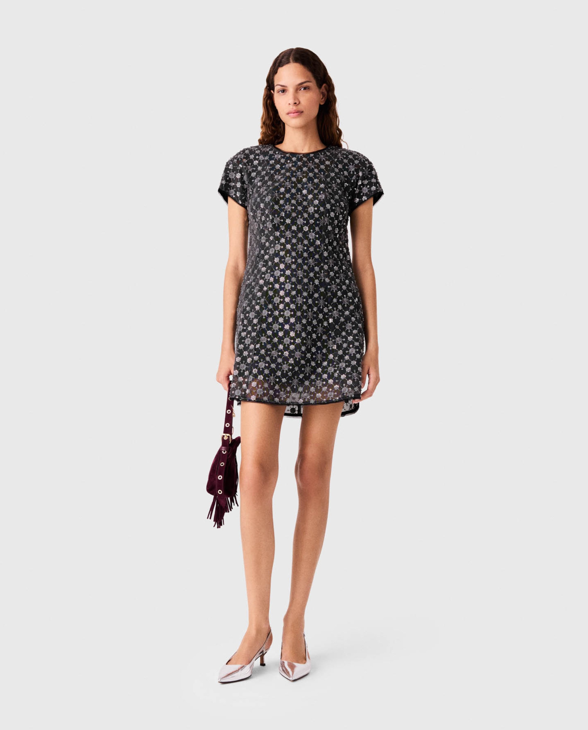 Imagen 0 de Vestido corto con strass y bordados florales Gris claro
