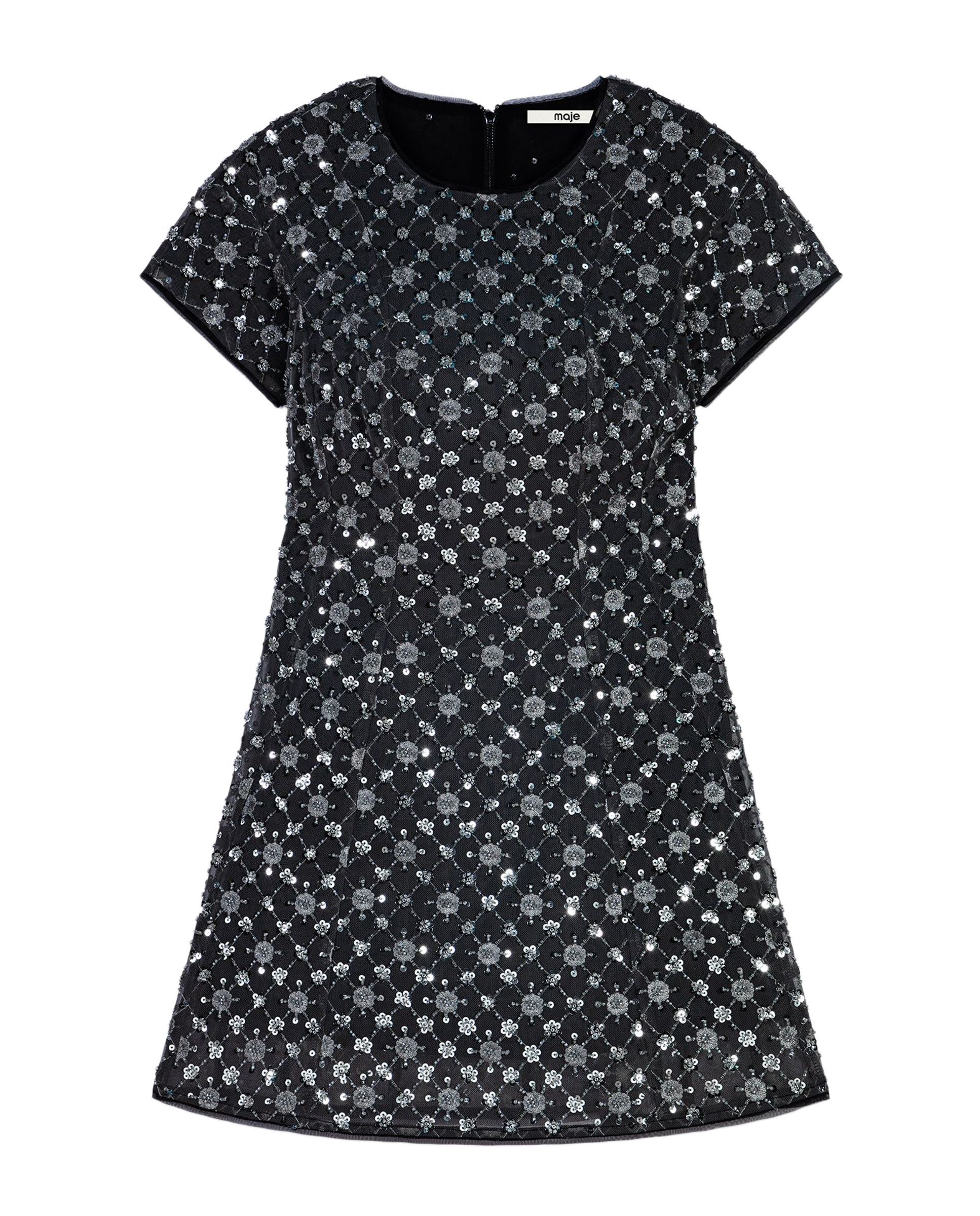 Vestido corto con strass y bordados florales - Maje - Gris claro Gris claro-7