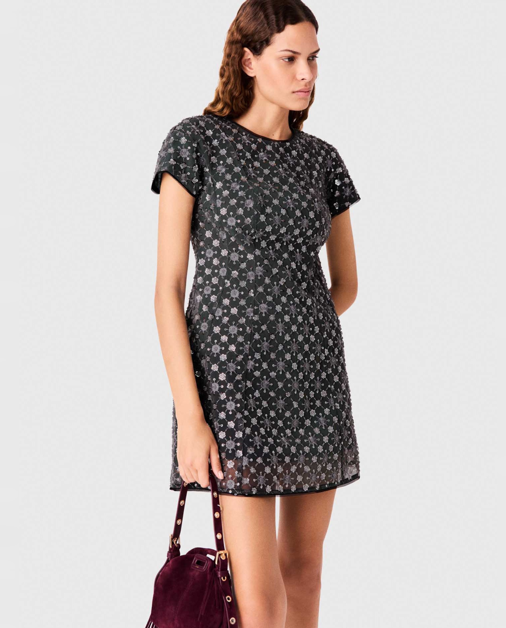 Vestido corto con strass y bordados florales - Maje - Gris claro Gris claro-5