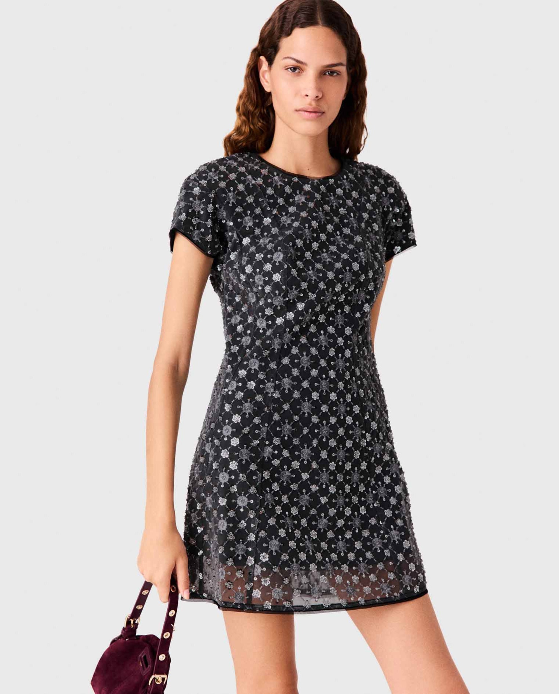 Vestido corto con strass y bordados florales - Maje - Gris claro Gris claro-6
