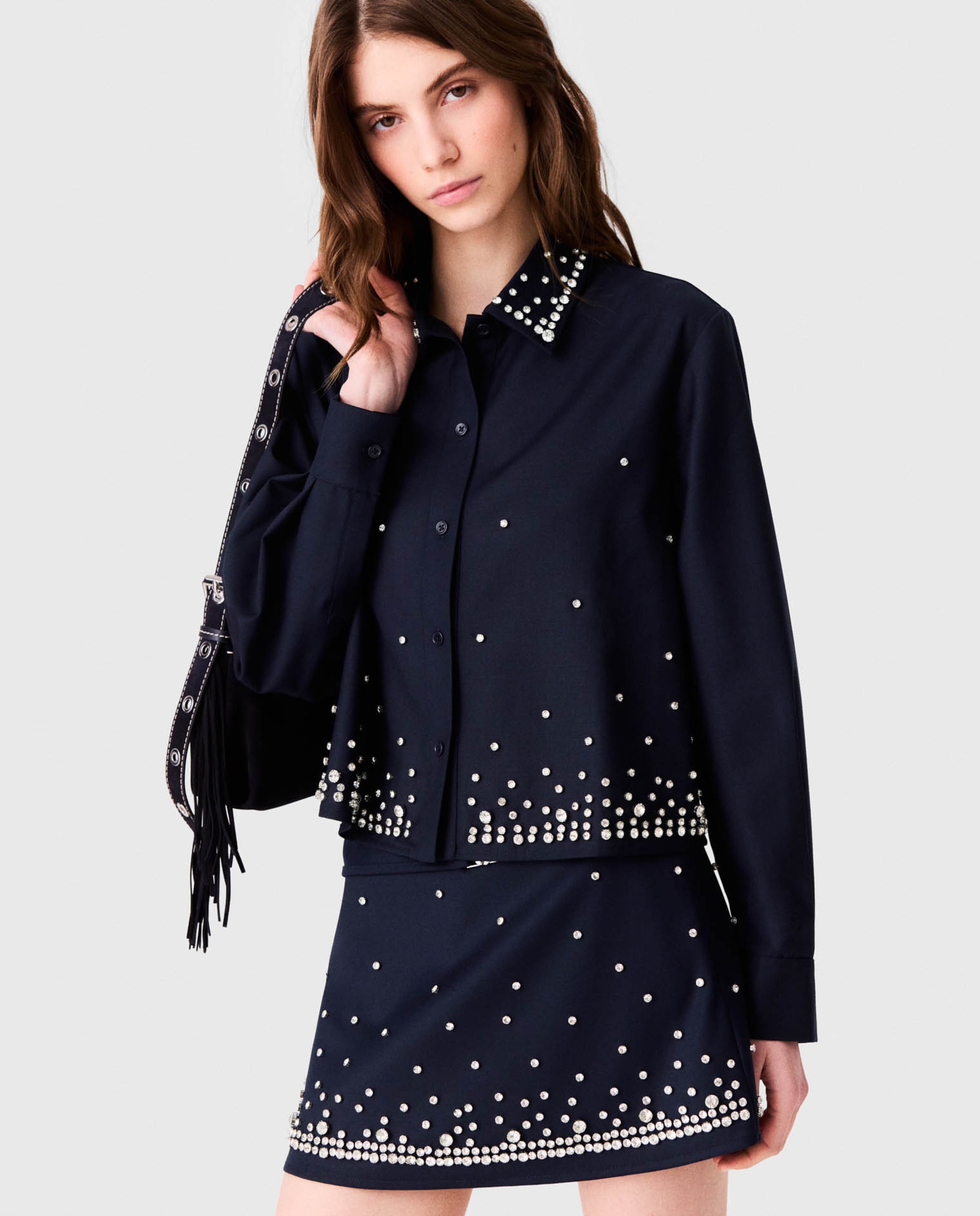 Camisa de mujer corta de lana con strass - Maje - Azul marino Azul marino-1